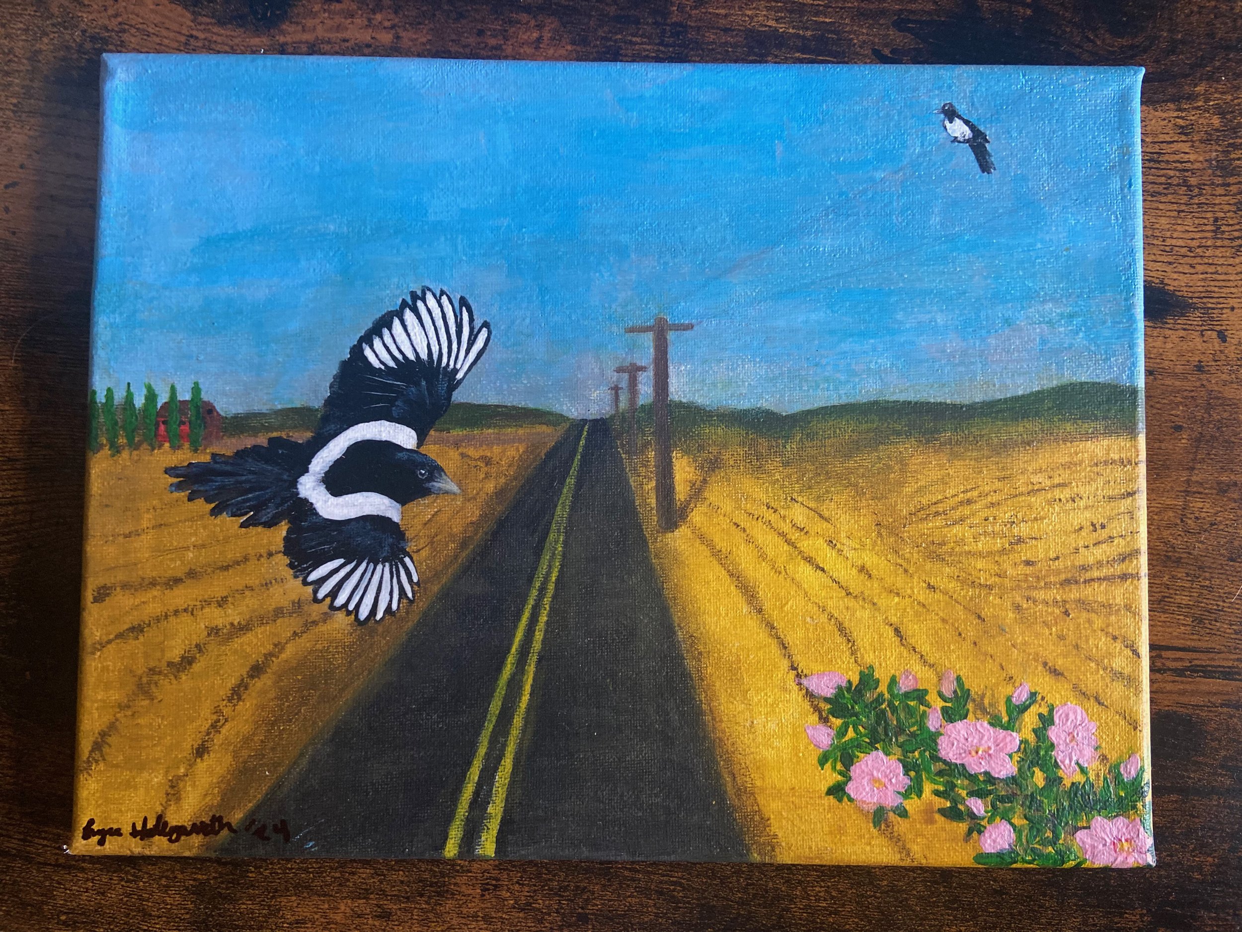 Magpies on Wild Rose Prairie Painting