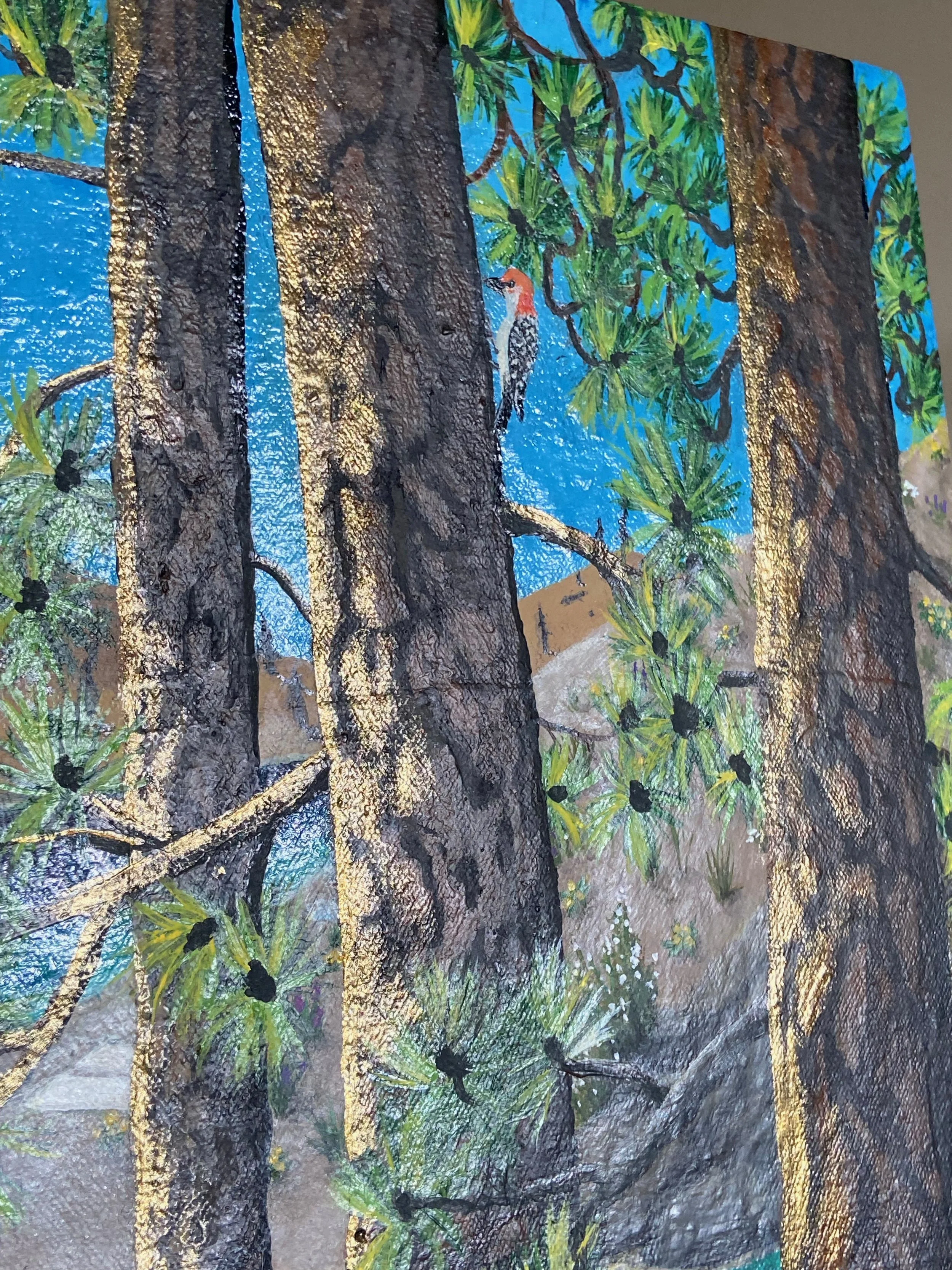 A painting of a forest scene with trees, green leaves, and a woodpecker perched on a tree trunk against a blue sky.