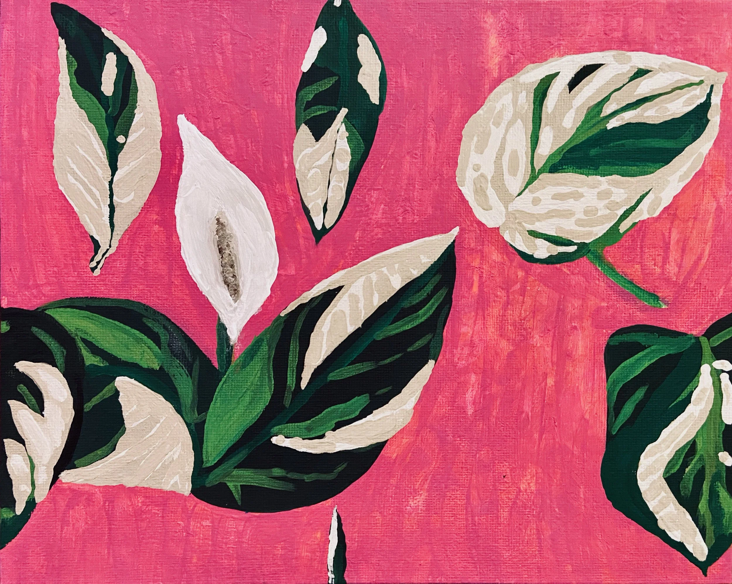 A painting featuring white and green variegated leaves on a pink background.