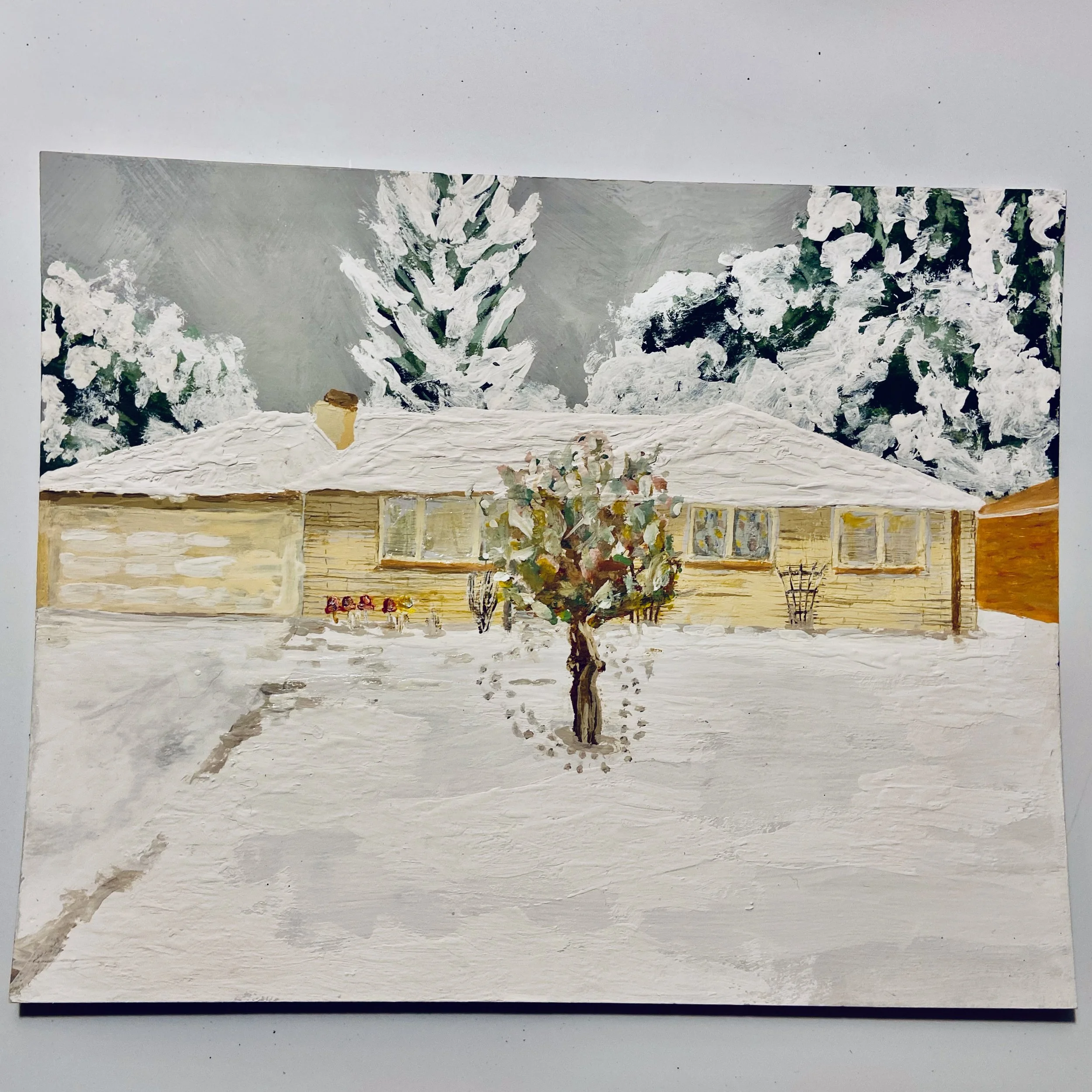 A painting of a snow-covered house with a tree in front, surrounded by snow and trees in winter.