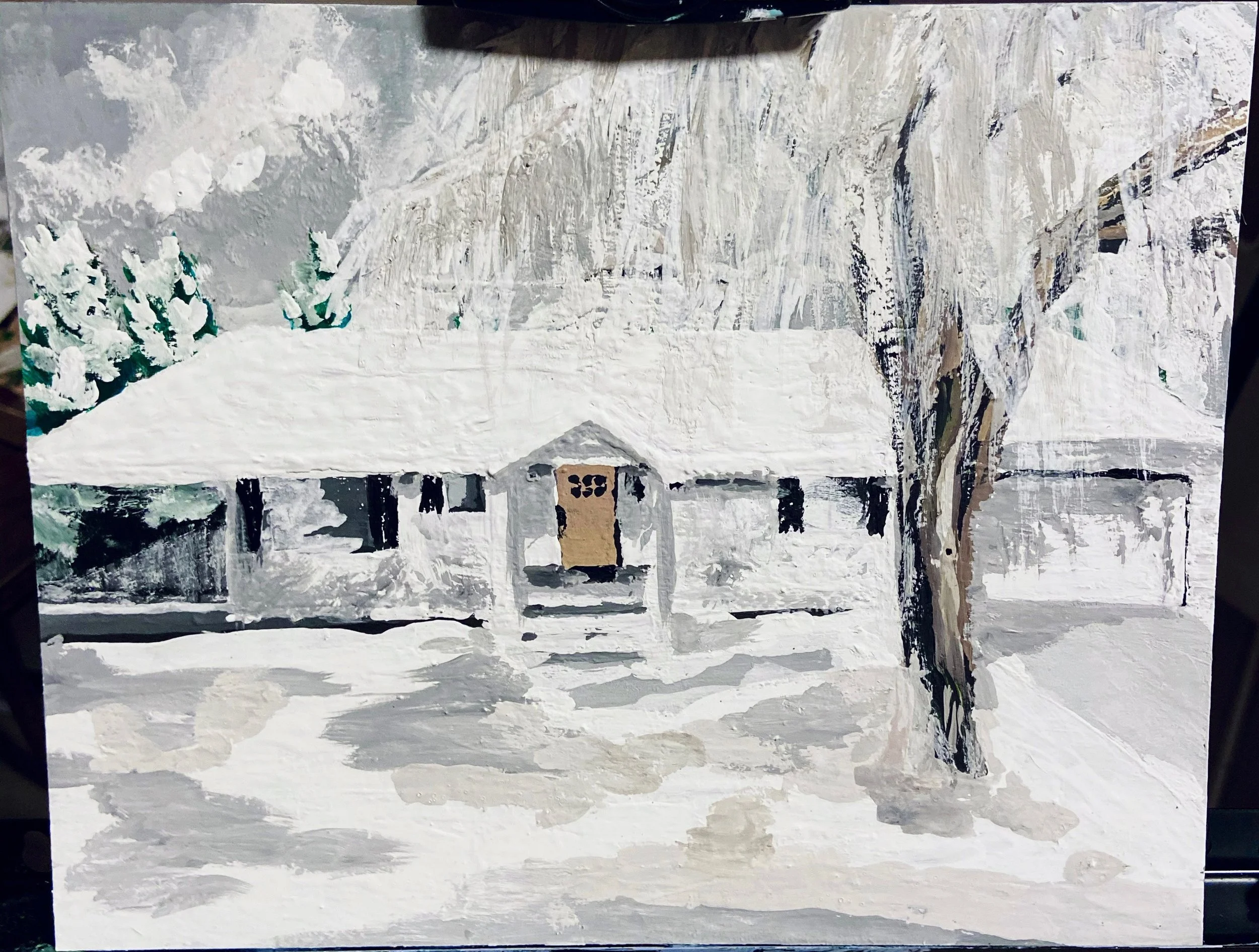 Painting of a house covered in snow with a large tree in the foreground and additional trees in the background, all in winter.