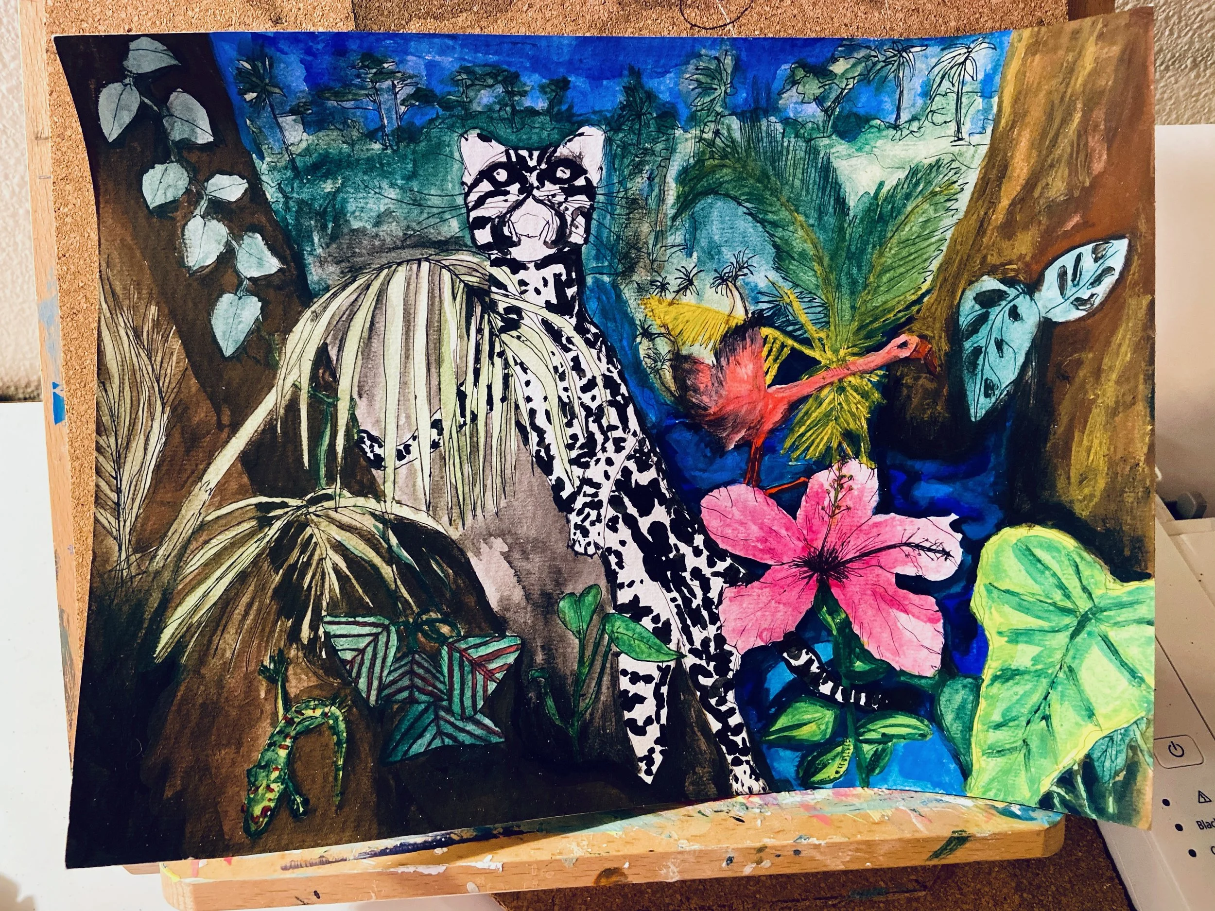 A vibrant jungle scene watercolor painting featuring a black and white jaguar surrounded by lush green leaves, pink hibiscus flowers, a pink bird, and various tropical plants and butterflies.