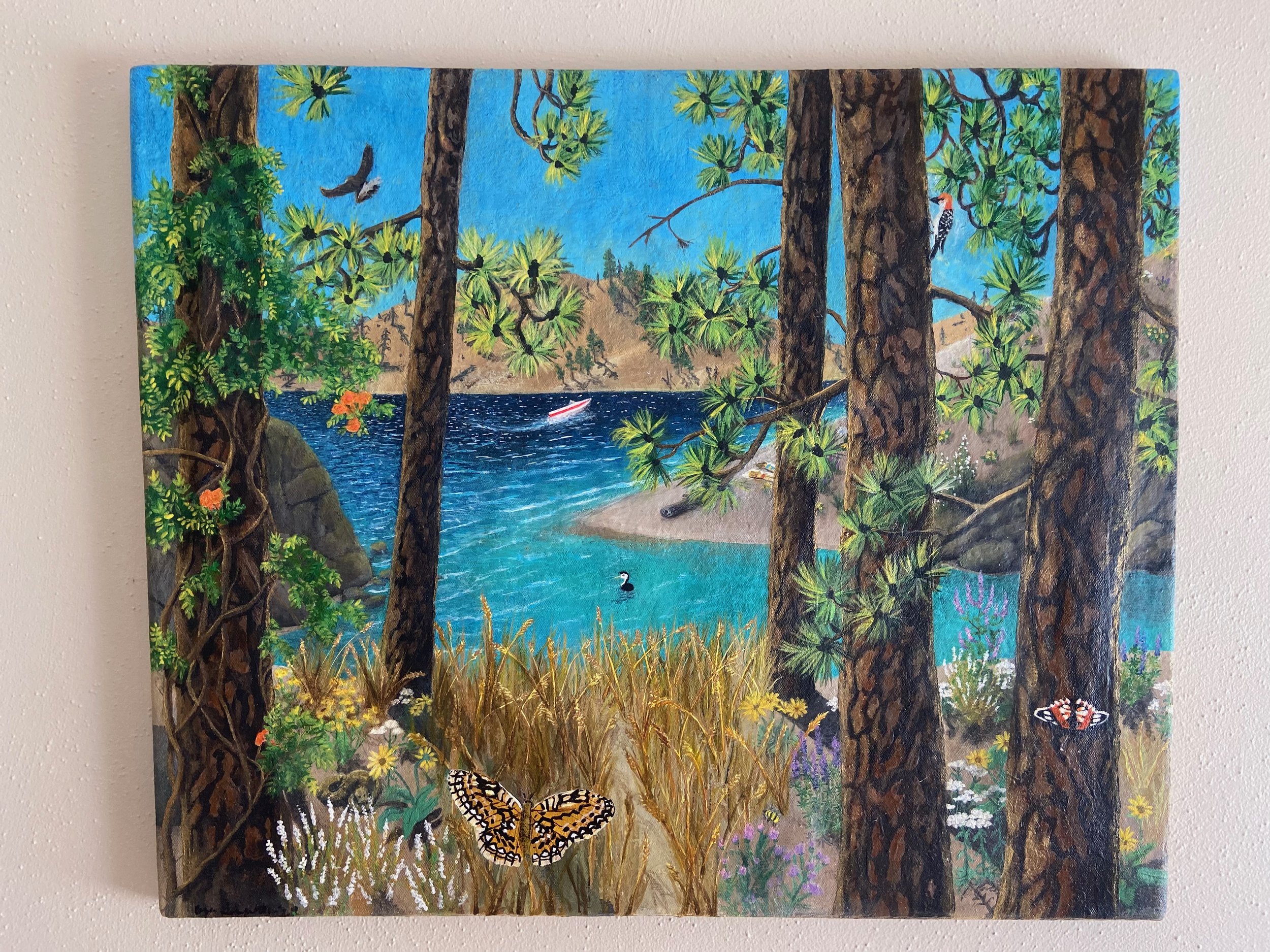 A colorful painting of a natural landscape featuring a lake with a boat, tall trees, birds flying and perched, butterflies, and various plants and flowers.