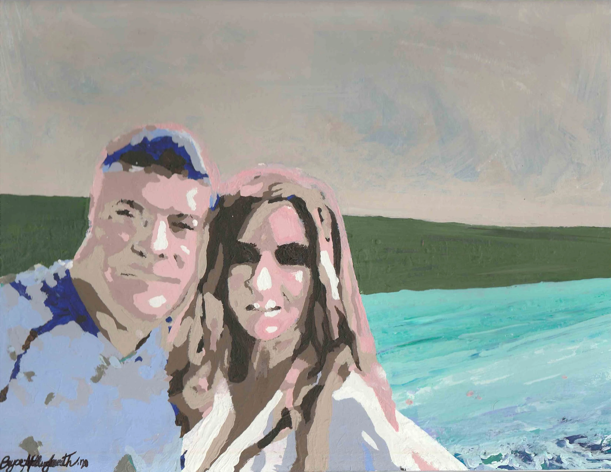 A digital painting of a young man and woman taking a selfie outdoors. They are near a body of turquoise water with a green landscape in the background and a cloudy sky above.