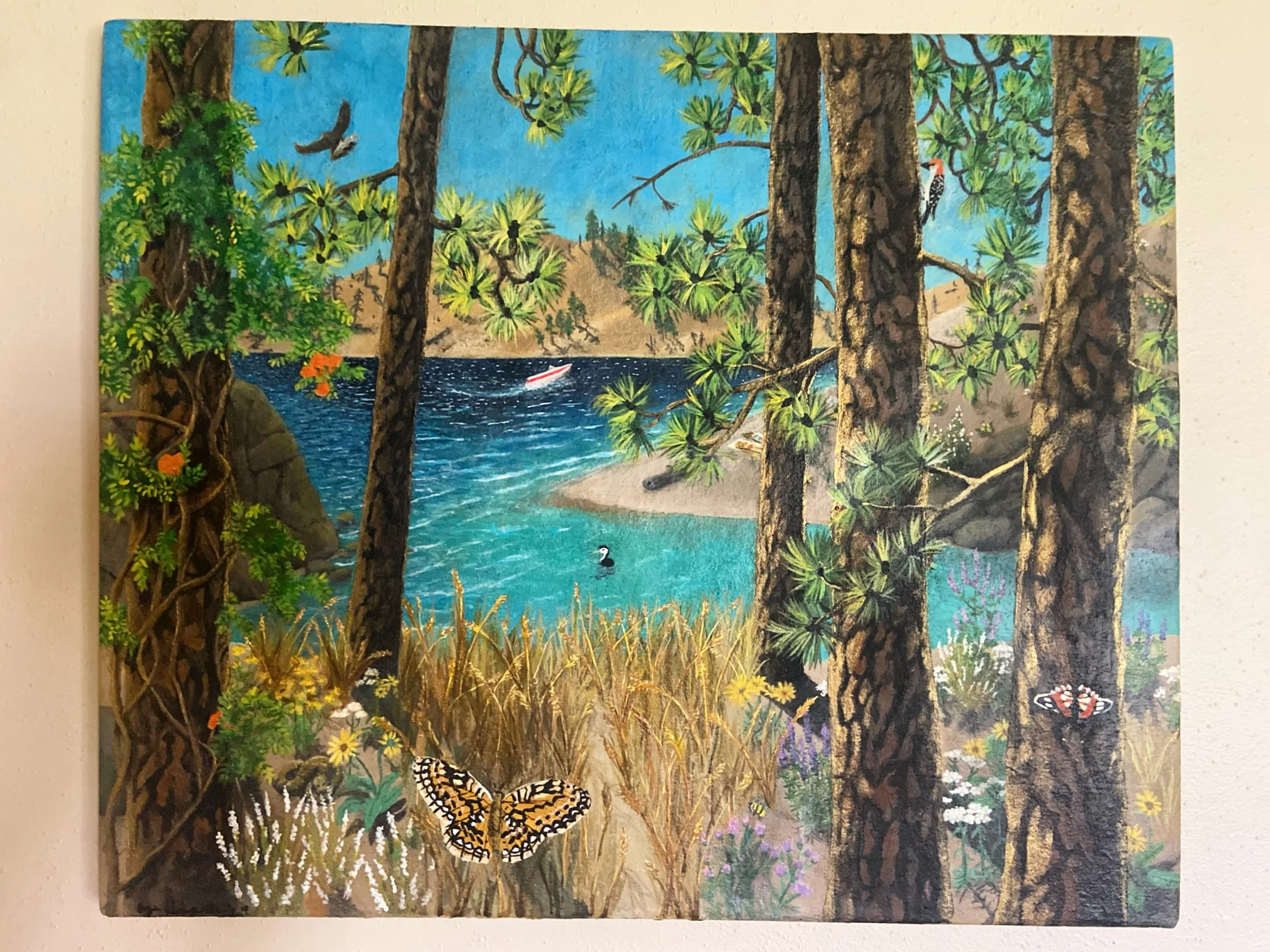 A detailed painting of a forest scene with tall pine trees, various birds including a woodpecker and a butterfly, a lake with a boat, and diverse wildflowers and grasses.
