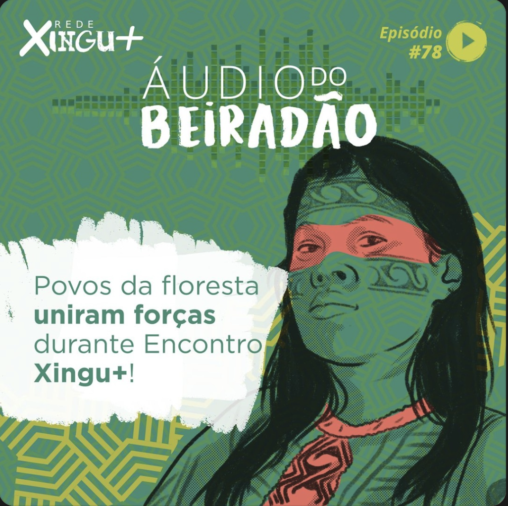 Ilustração de uma mulher indígena com cabelo comprido, brincos e uma faixa na cabeça. Plano de fundo padrão geométrico verde com elementos decorativos. Audio do Beiradão, Rede Xingu+.