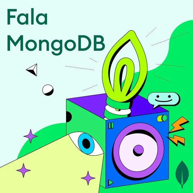 Ilustração colorida de um alto-falante com um símbolo de fala, elementos geométricos, e o texto 'Fala MongoDB' em destaque.