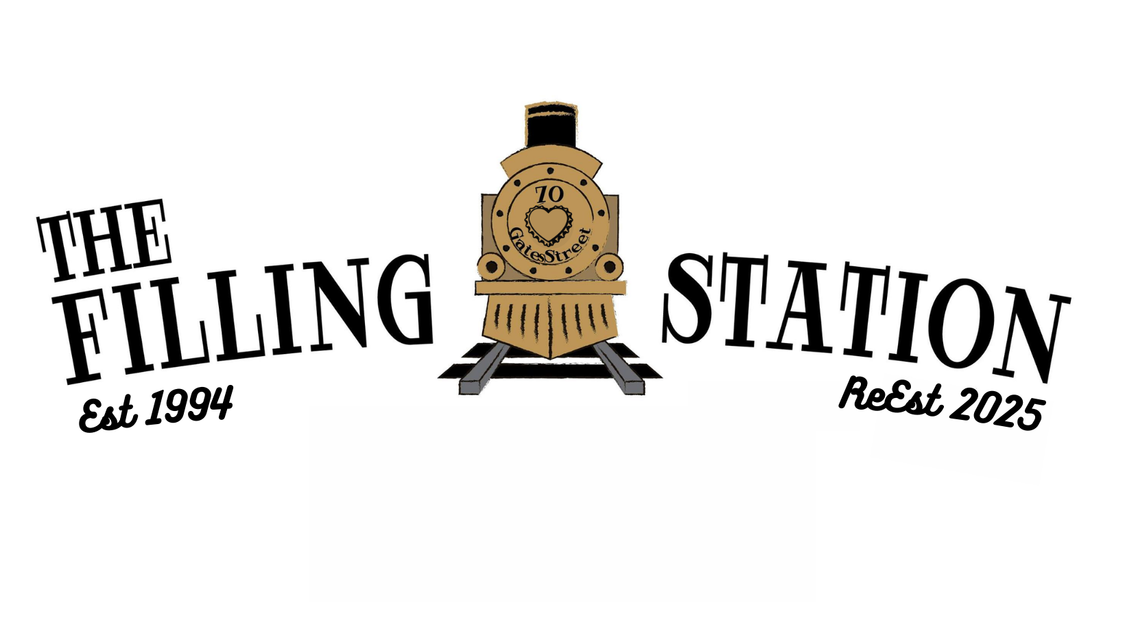 Logo for The Filling Station featuring a vintage train engine with the words 'The Filling Station' curved around it. The tagline states 'Est 1994' on the left and 'ReEst 2025' on the right.