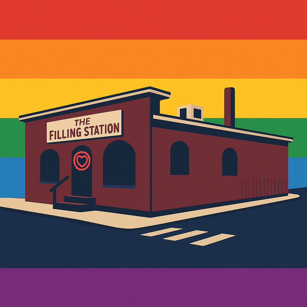 An illustrated building labeled 'The Filling Station' with a rainbow-colored background.