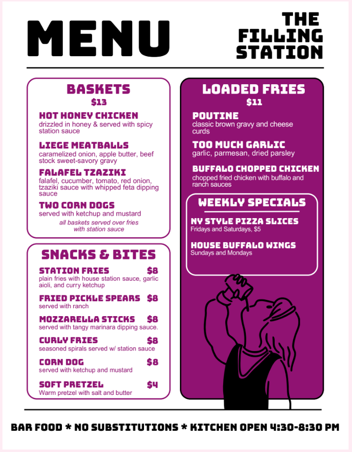Menu for The Filling Station featuring baskets, loaded fries, snacks, and bites, with items like hot honey chicken, liege meatballs, falafel taziki, ketchup dogs, and various fries and snacks. Also includes loaded fries options like poutine, garlic, buffalo chicken, and weekly specials such as NY style pizza slices and buffalo wings. Contact details and kitchen hours listed.