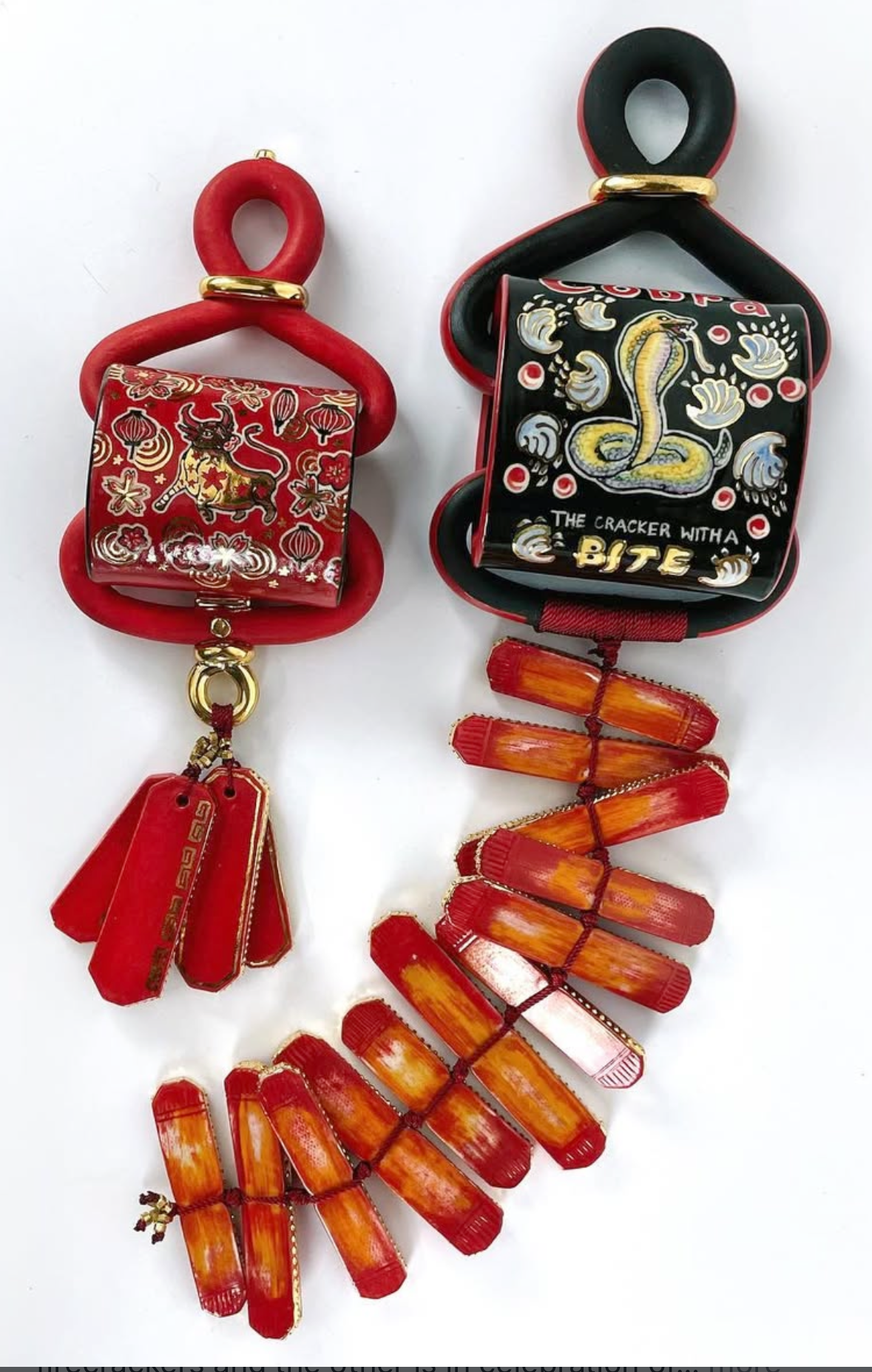 Left: 6.5" x 3" x 2.5" |  Right: 13" x 4" x 2.5"
ceramic, underglaze, glaze, luster, silk rope, beads