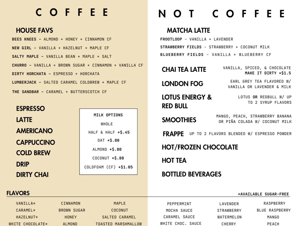 A coffee menu divided into coffee and not coffee drinks, listing various options with descriptions and add-on choices.