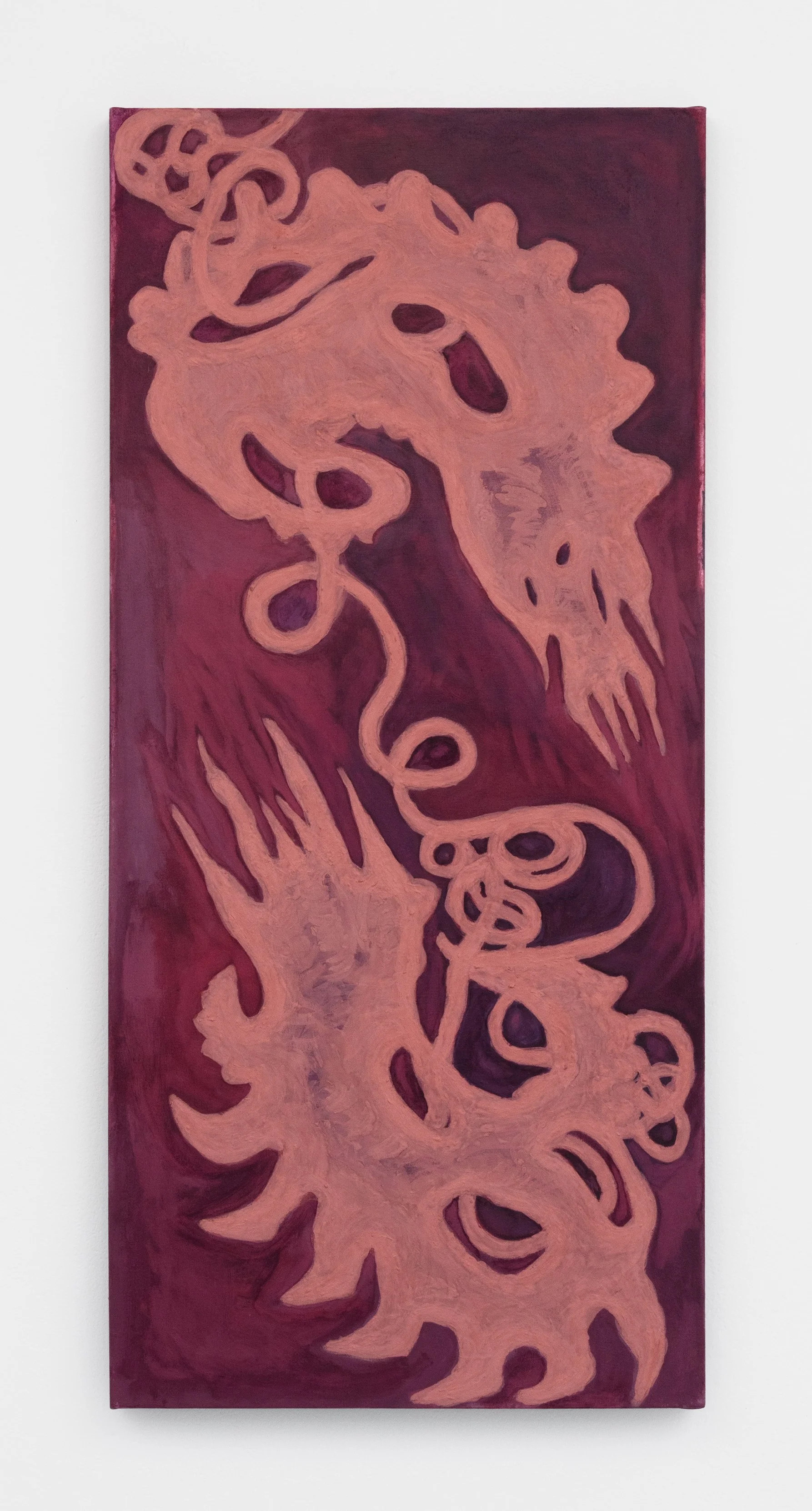 Kiki Serna,
Tethered Bodies, 2026
Acrylic ink, clay, graphite, on canvas
22” x 49”