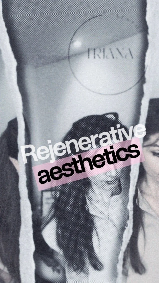 A torn collage of black and white photographs of women with a pink and black overlay with the words "ReGENERative aesthetics."