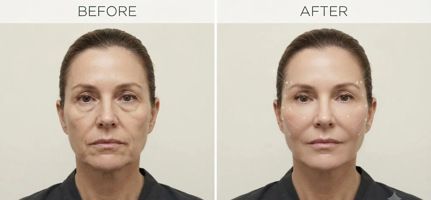 Before and after comparison of a Triana Aesthetics client showing natural-looking facial rejuvenation, smoother skin, and a lifted, radiant appearance.