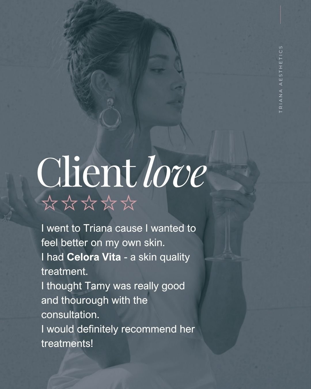 Glowing client review and testimonial graphic for Triana Aesthetics, showcasing trusted results and patient satisfaction.