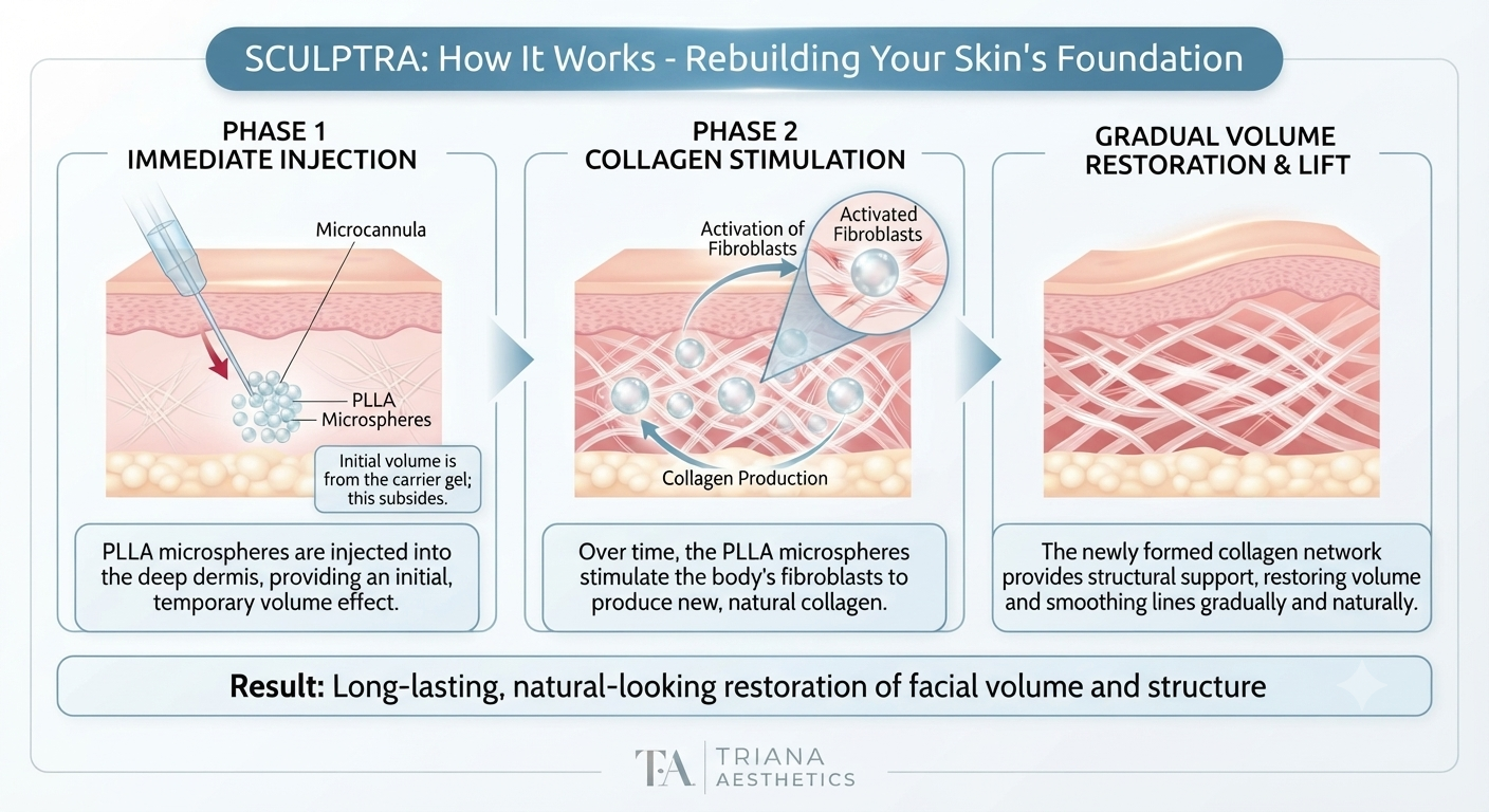 Medical illustration explaining how Sculptra stimulates collagen production to restore natural facial volume and improve skin quality over time.