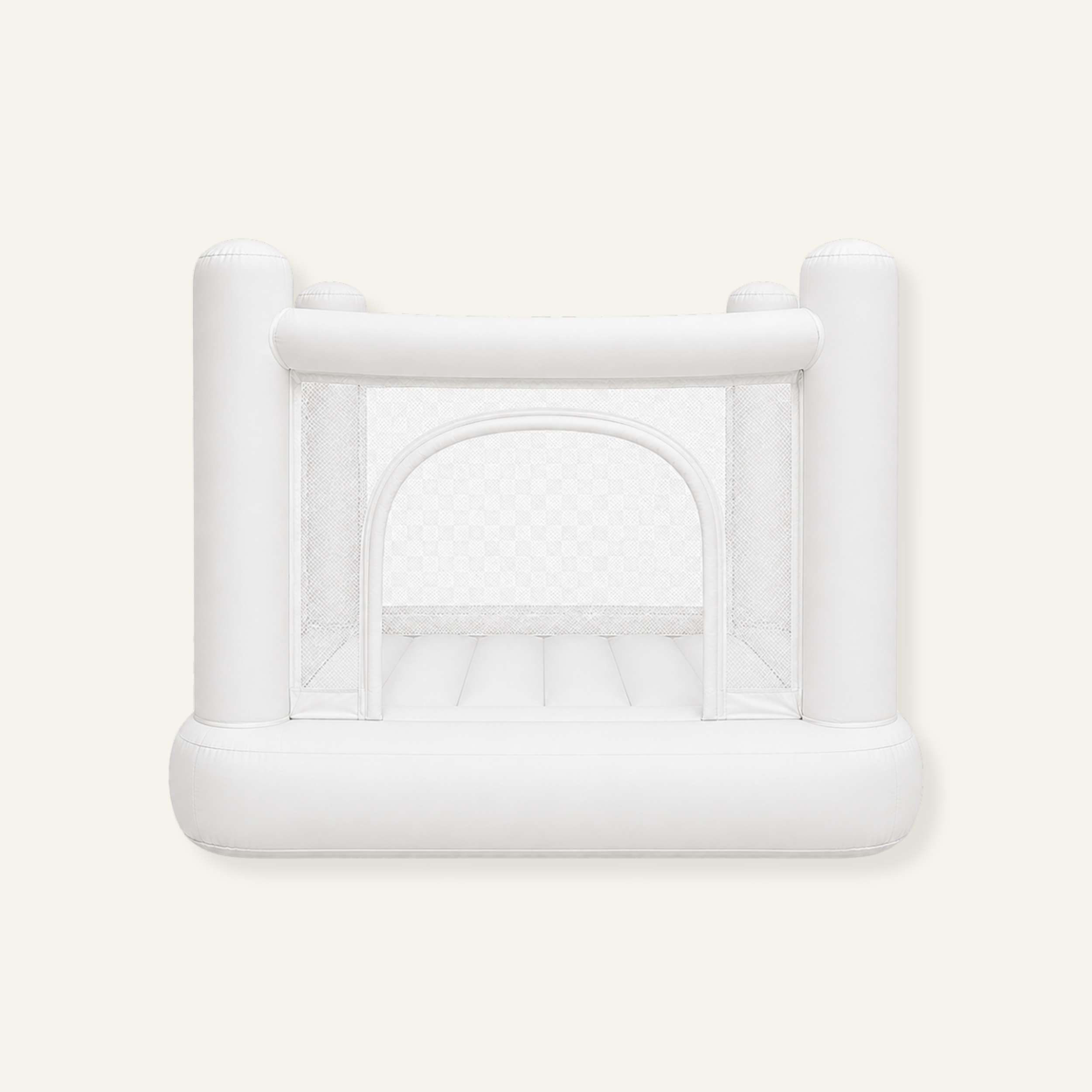 Modern white bounce house for hire by Cinnamon Tots Co, styled for children's birthdays, weddings, and special events.