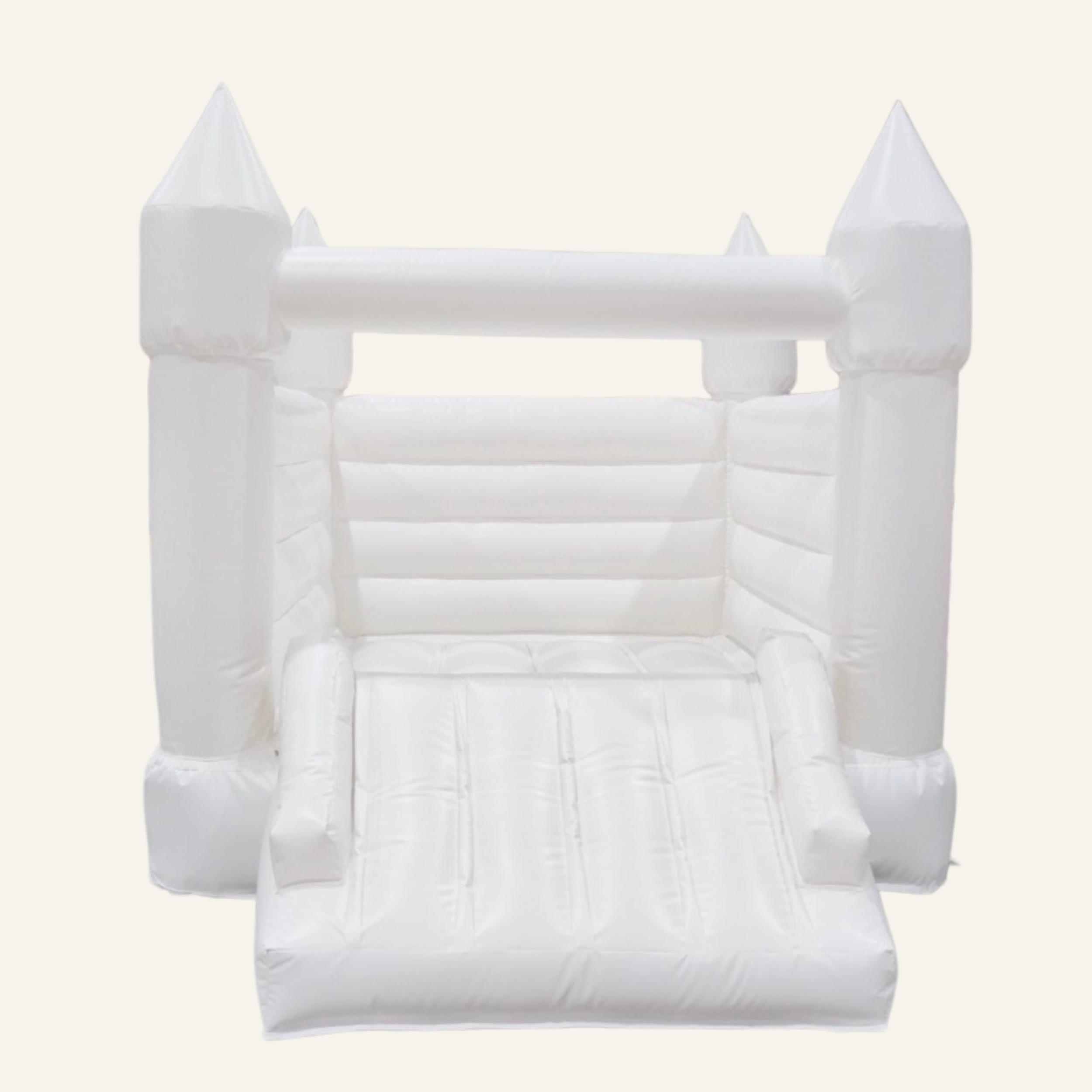 Modern white bounce house for hire by Cinnamon Tots Co, styled for children's birthdays, weddings, and special events.