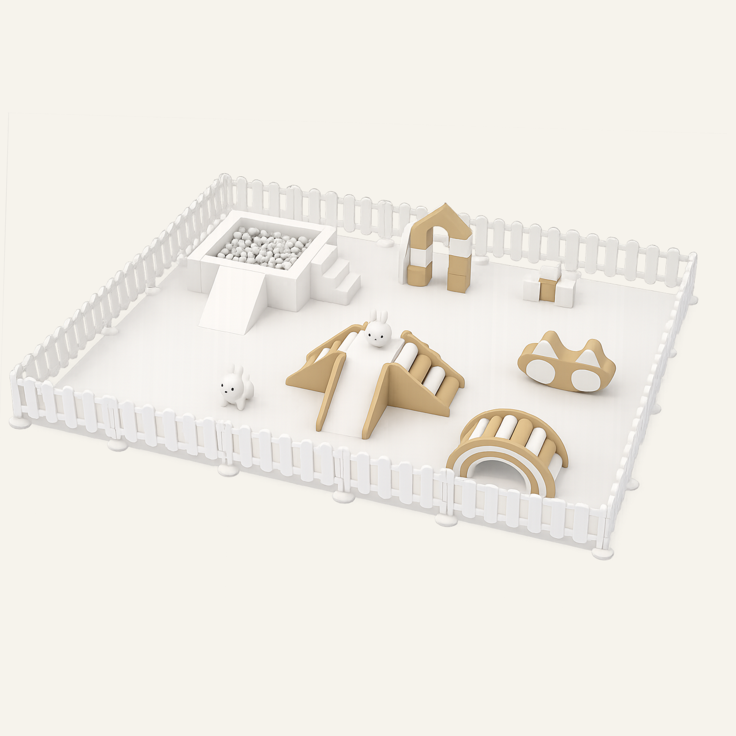 Luxury beige soft play setup by Cinnamon Tots Co for toddlers at a modern birthday celebration in the Wairarapa.
