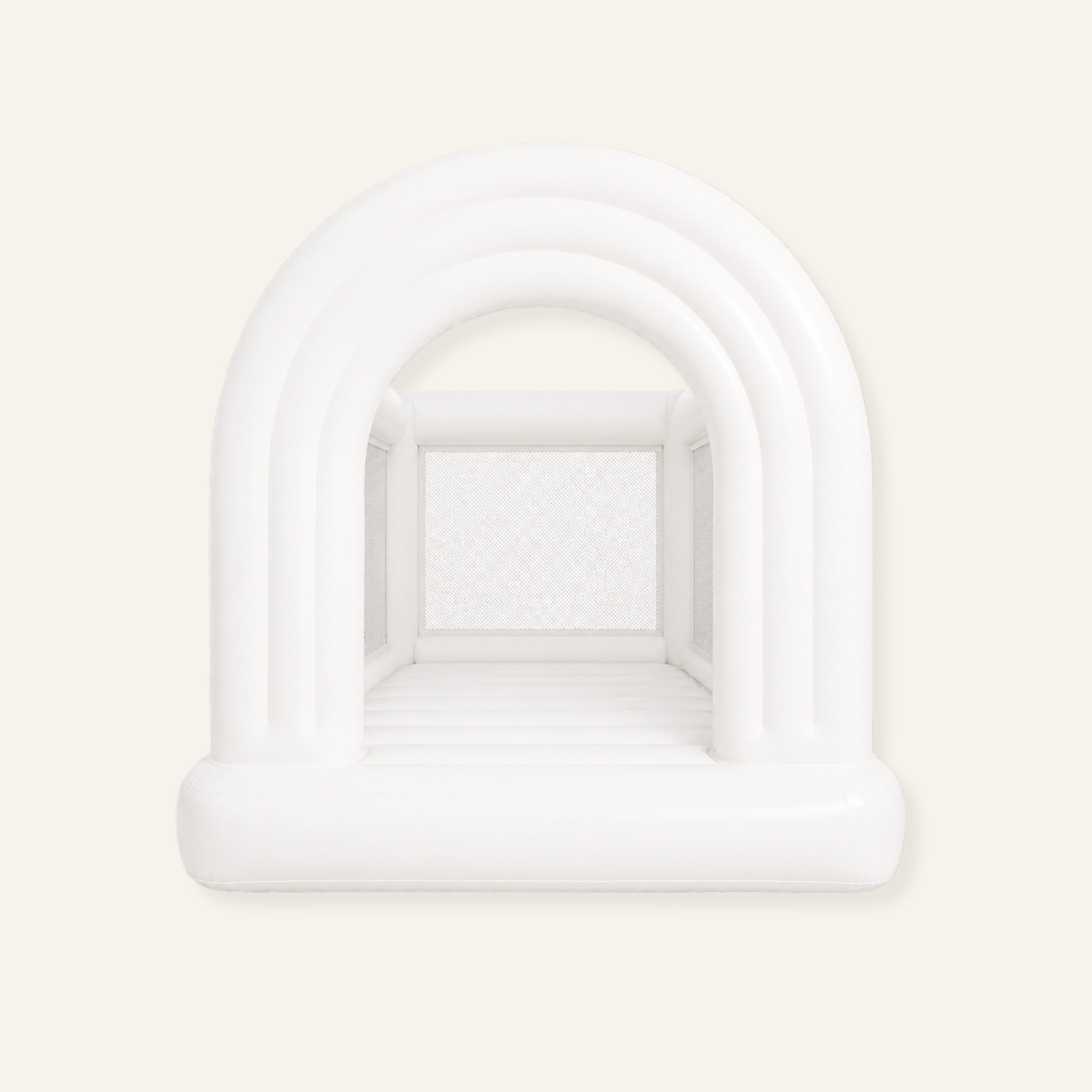Modern white bounce house for hire by Cinnamon Tots Co, styled for children's birthdays, weddings, and special events.