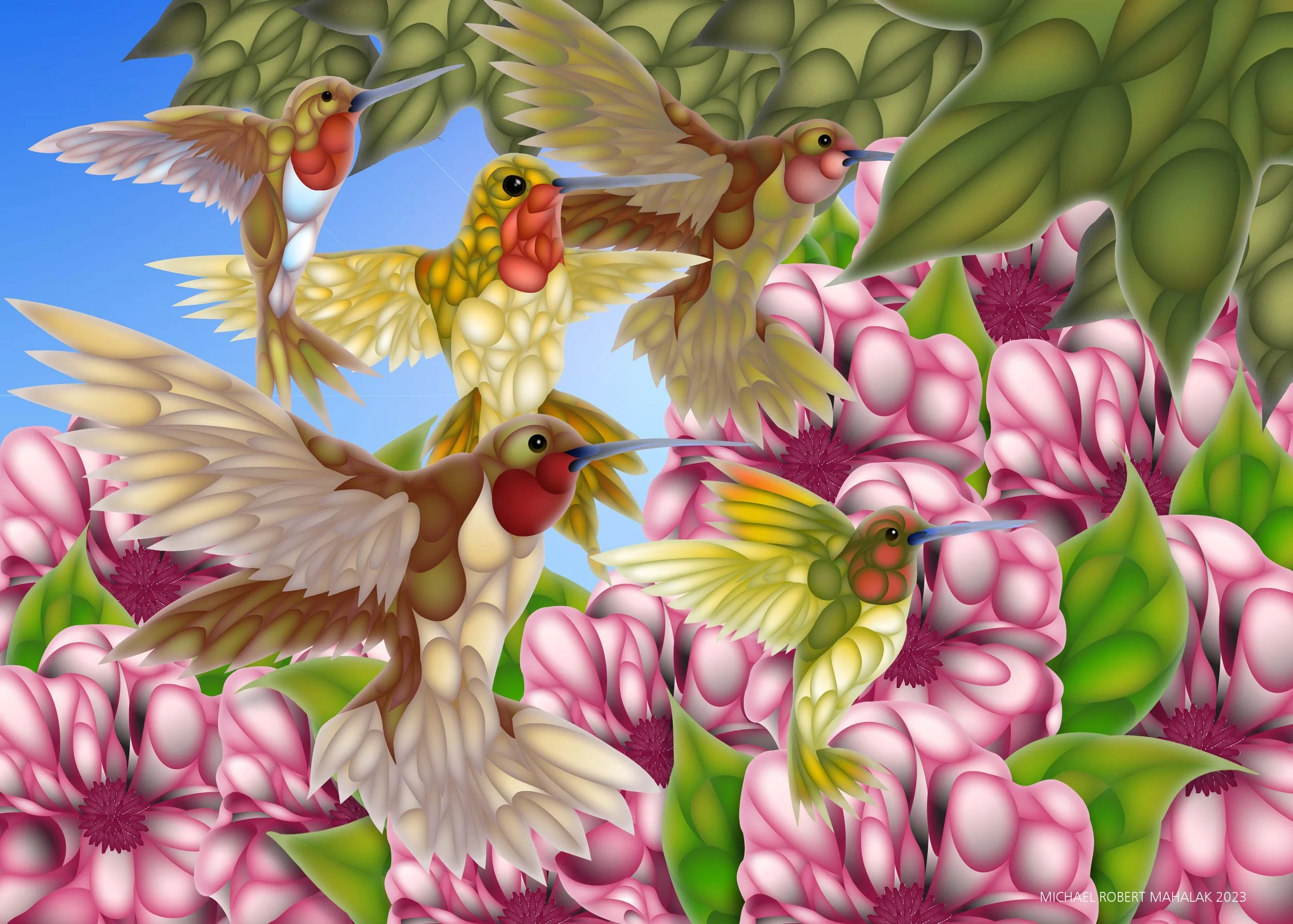 "Humming Birds Gathering", Digital, 7" x 5", 2023