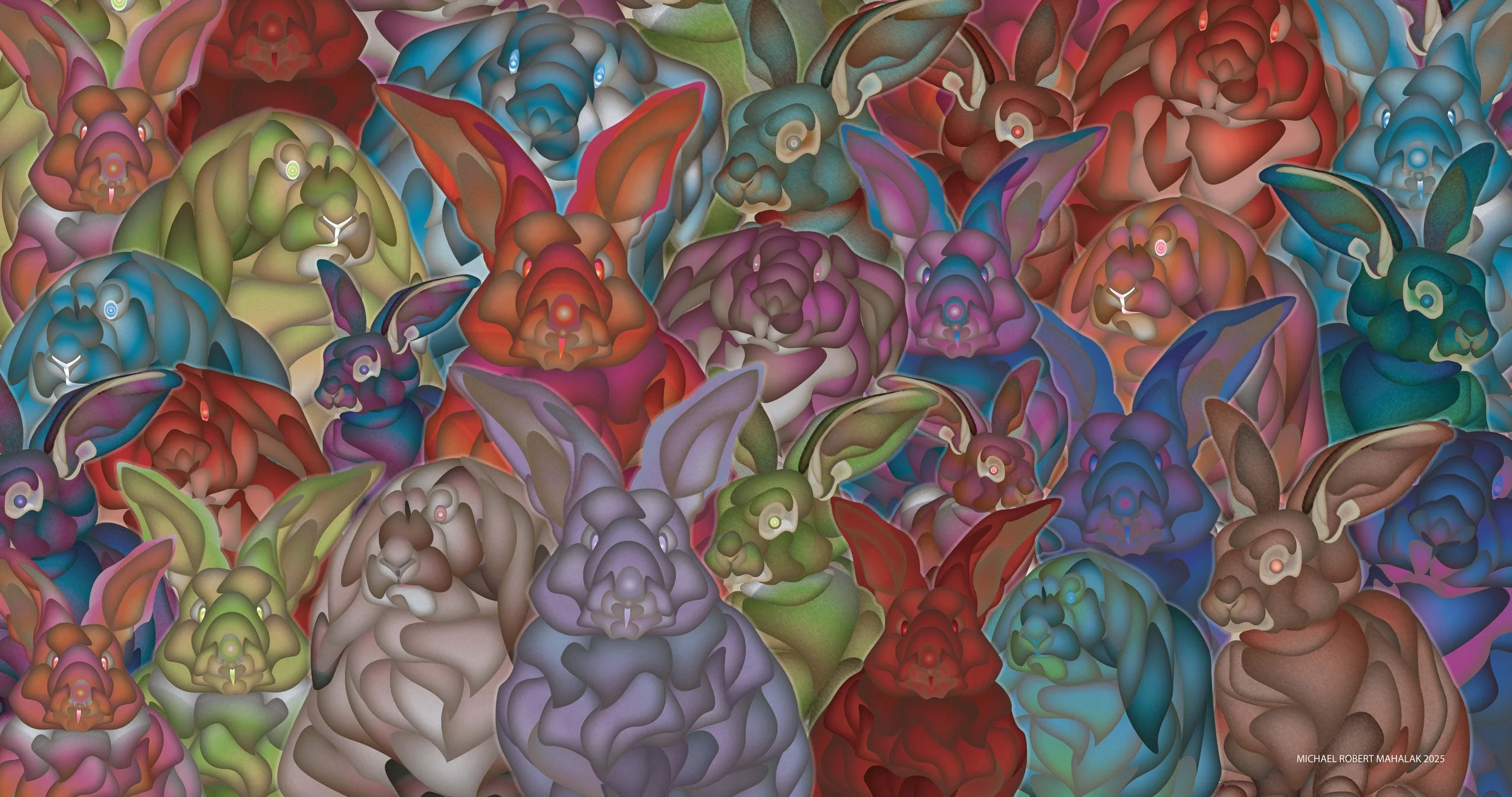 "Bizarre Dream of Bunnies", Digital, 19" X 36", 2025