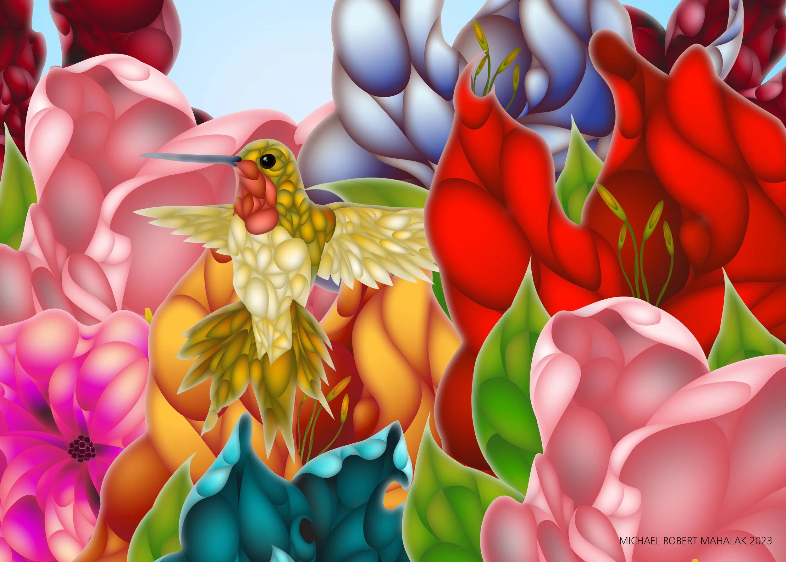 "Humming Bird Day in Flowers", Digital, 7" x 5", 2023