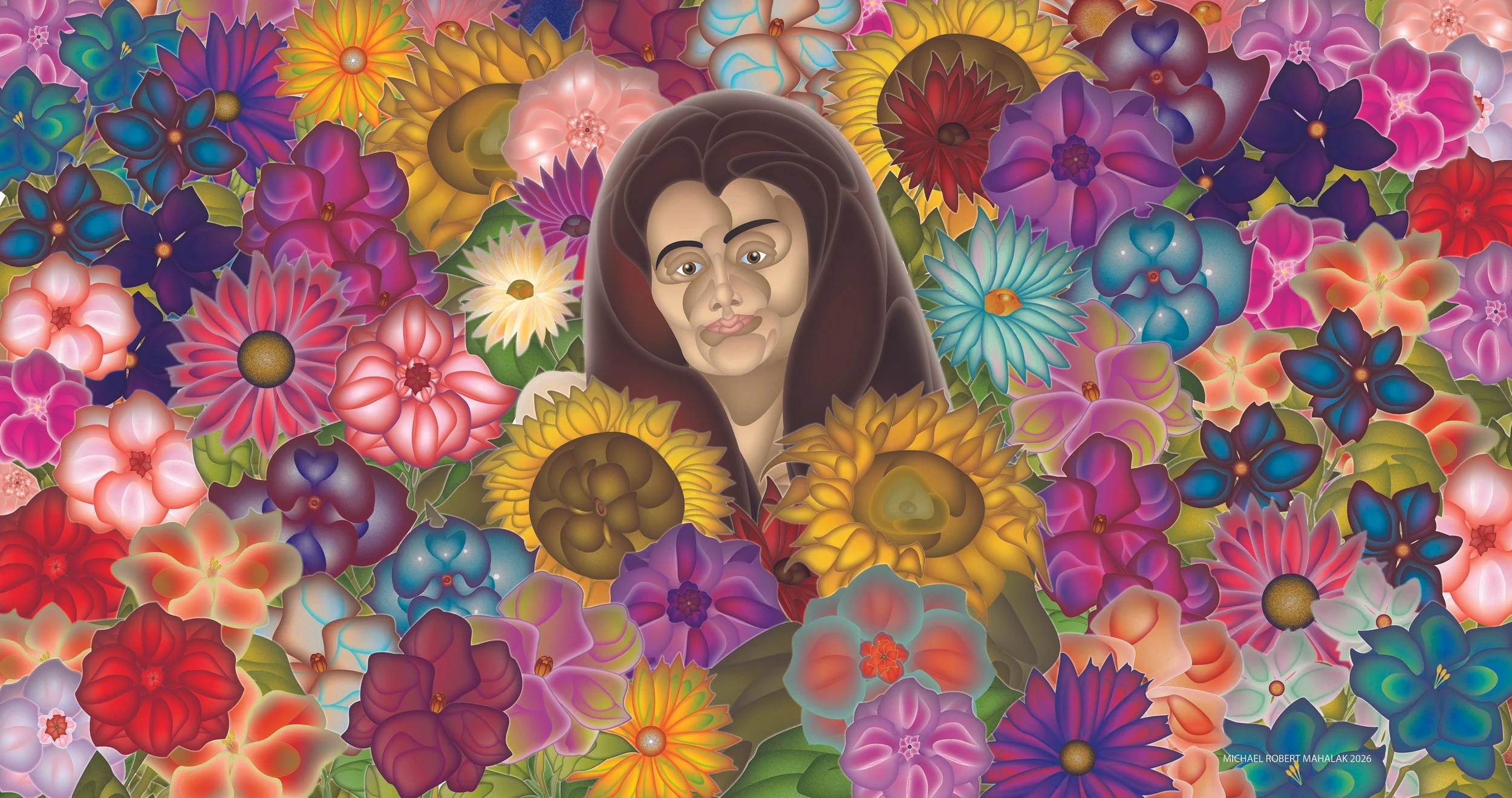 "Lady Among the Fields of Flowers", Digital, 19" X 36", 2026