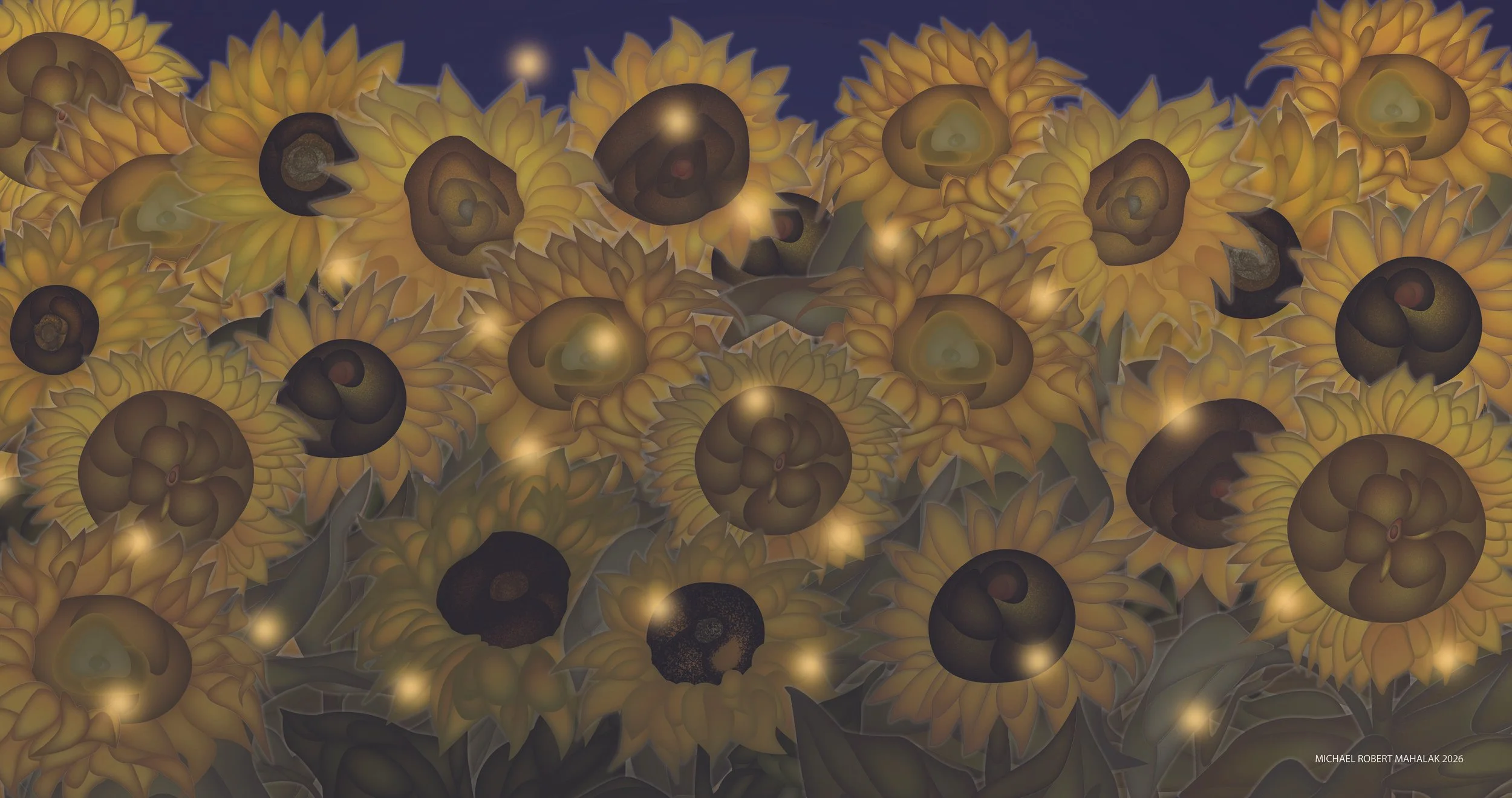 "Sunflowers at Night", Digital, 19" X 36", 2026