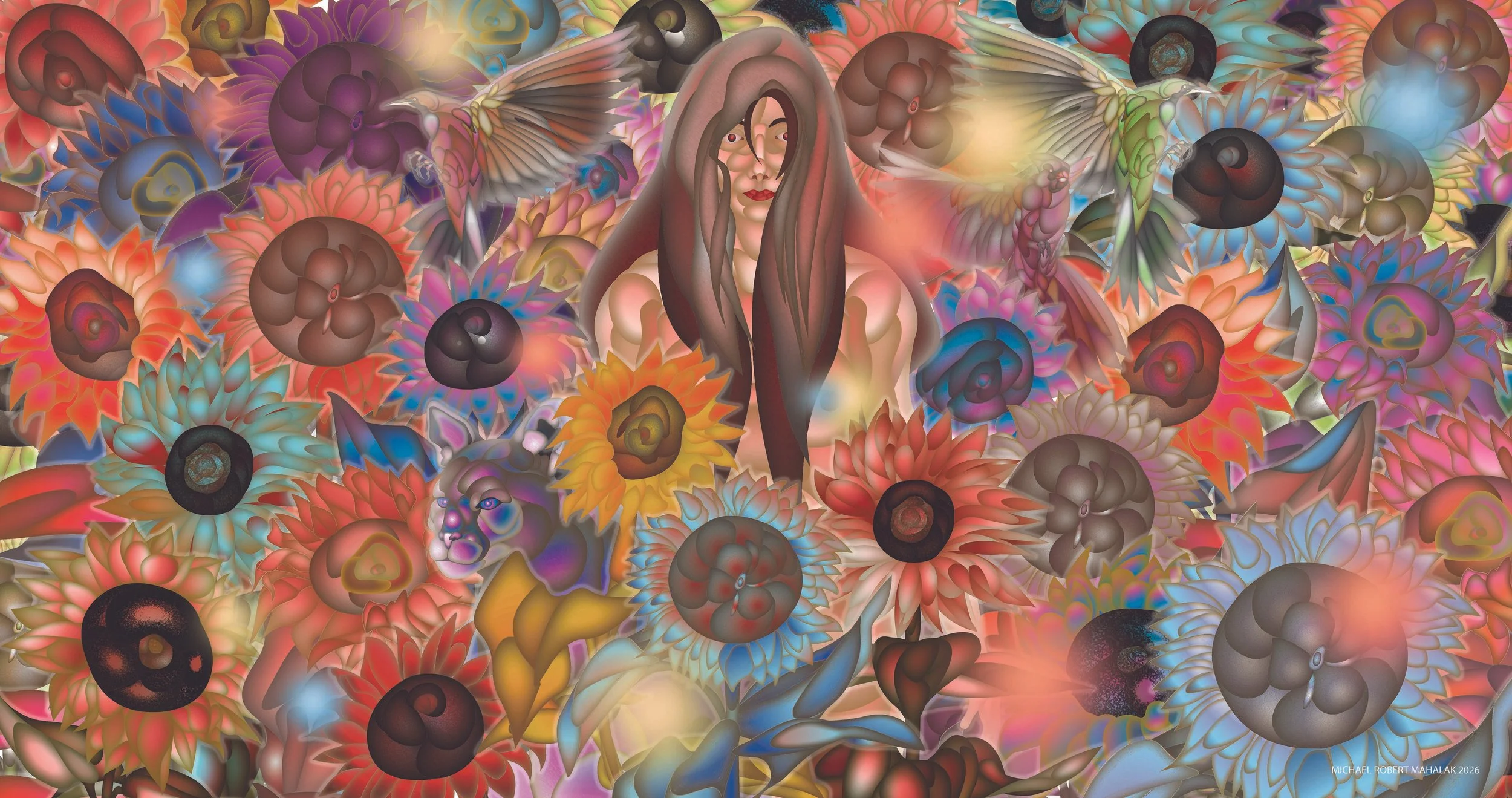 "Natural Beauty Among Sunflowers", Digital, 19" X 36", 2026