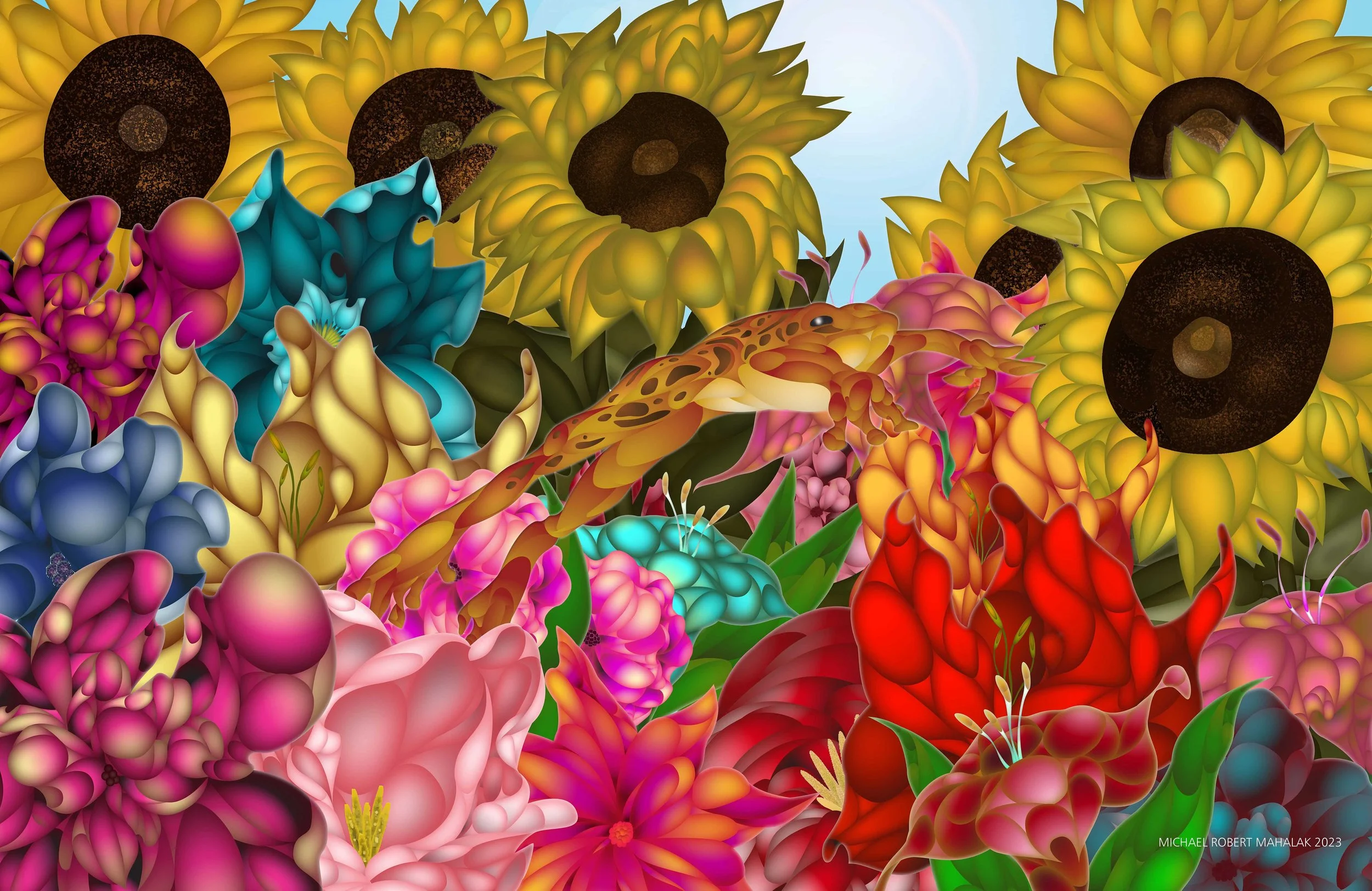"Frog in the Flower Bed ", Digital,12" x 18 1/2", 2023
