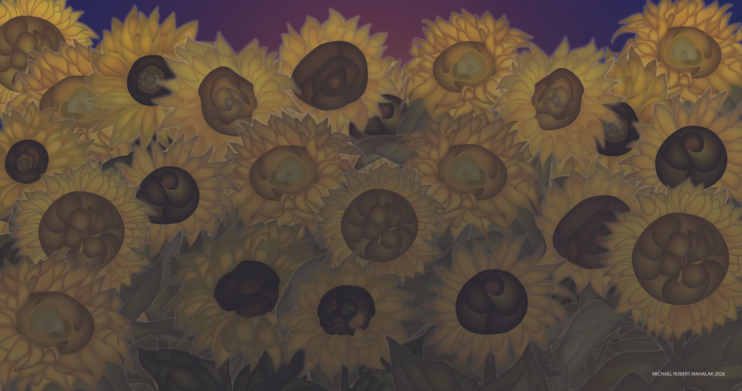 "Sunflowers at Dawn", Digital, 19" X 36", 2026