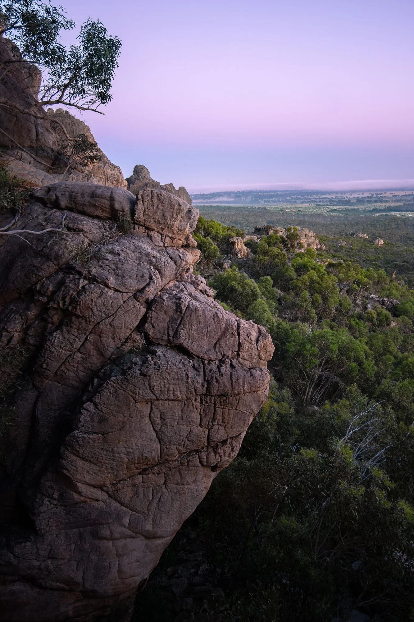 A rugged mountain with large rocks and sparse trees, overlooking a flat landscape with greenery and distant fields under a twilight sky with pastel colors.