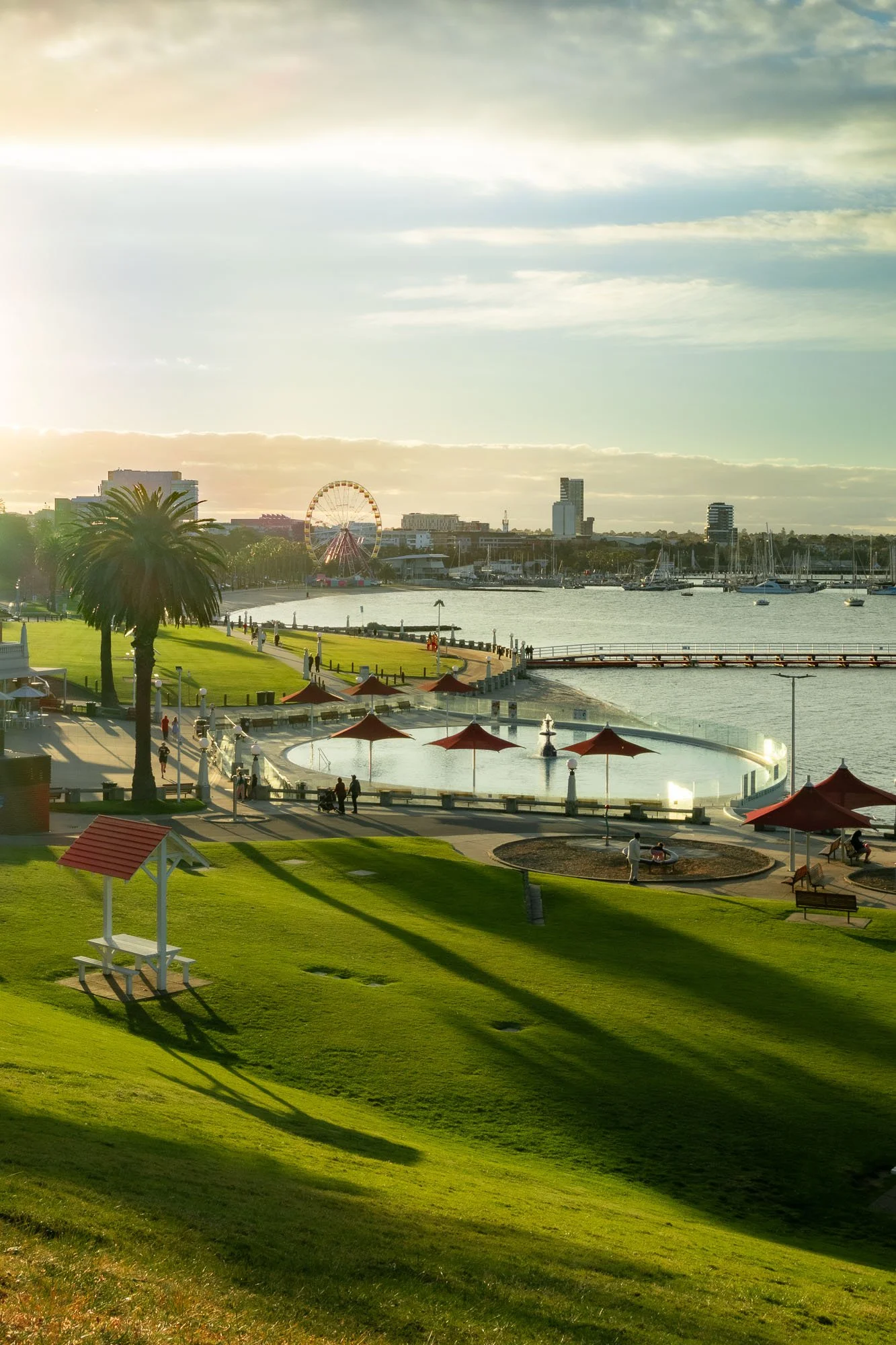 A waterfront park scene showing green grass, a fountain, walking paths, palm trees, benches, a marina with boats, a Ferris wheel, and city buildings in the background during sunset.