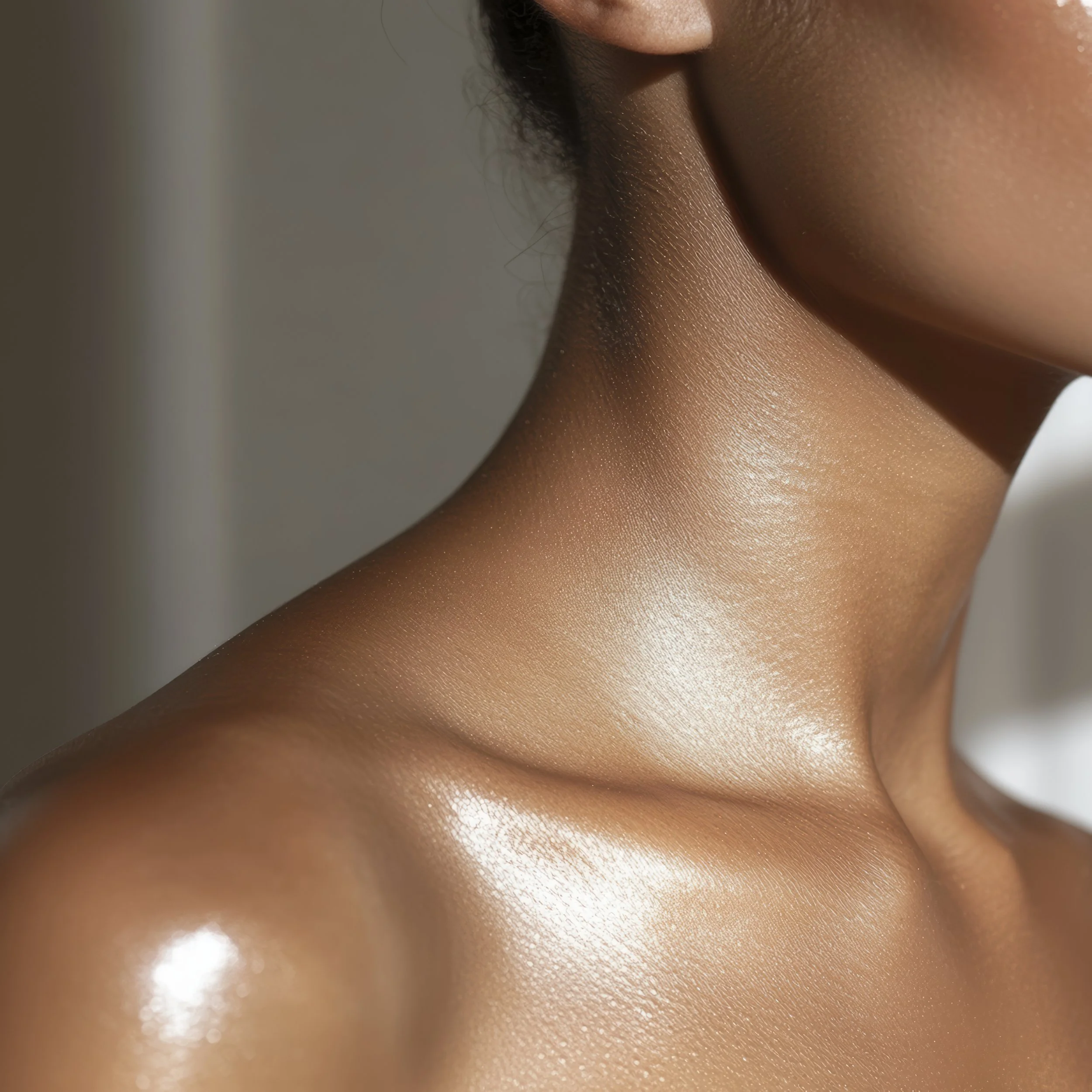 Close-up photo of a person's shoulder, neck, and part of the face with smooth, shiny, and glowing skin.