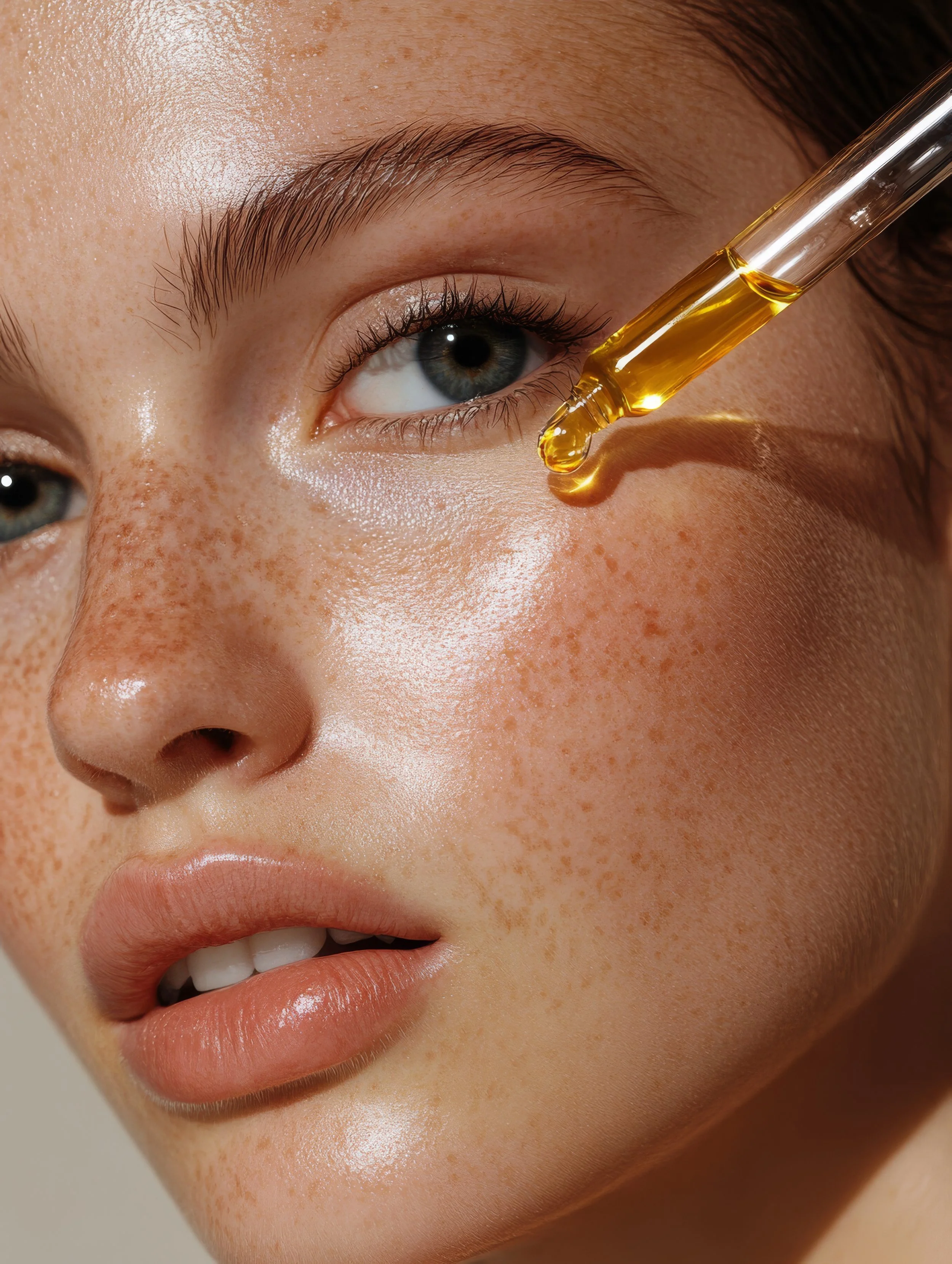 Close-up of a woman with light skin and freckles, applying a golden facial serum with a dropper to her cheek.