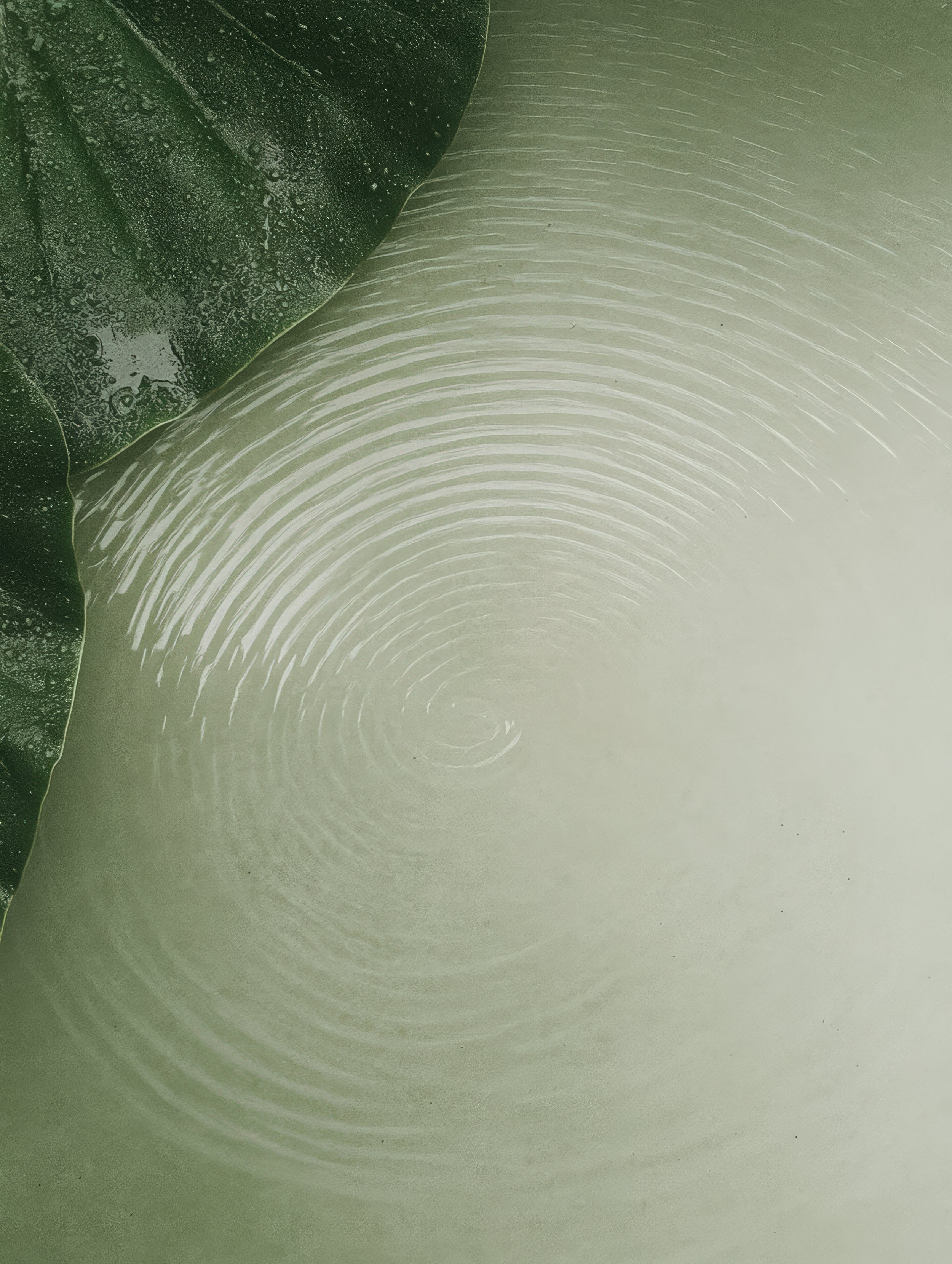 Close-up of a green leaf with water droplets on it, next to a wet, smooth surface with concentric circular patterns.