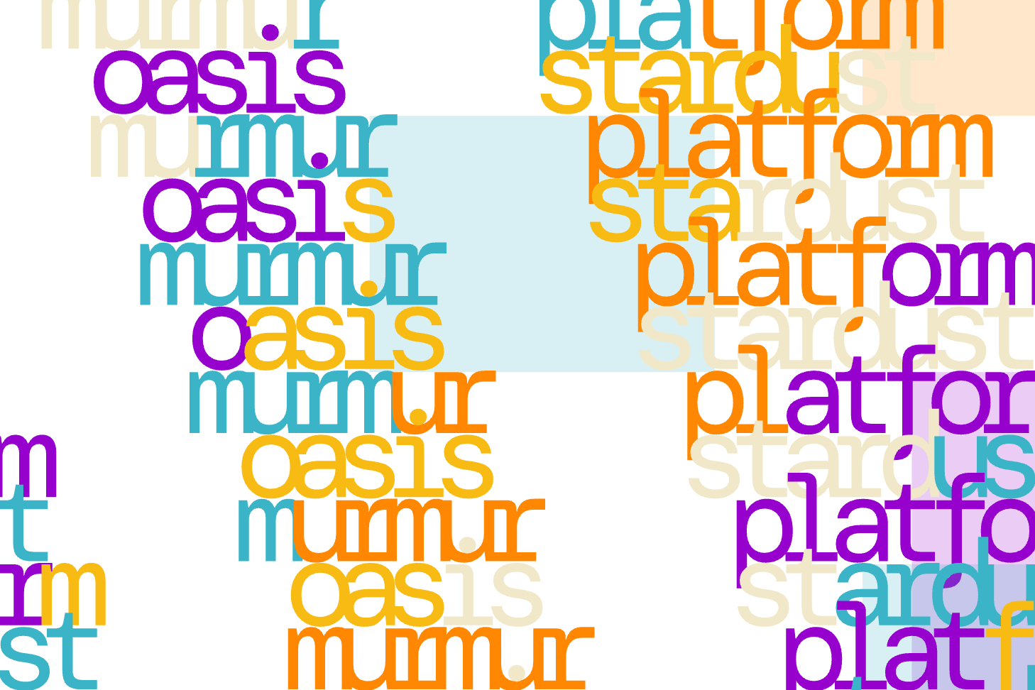 A colorful collage of words and phrases related to a platform and start oasis, including repeated words 'platform,' 'start,' 'oasis,' and 'murmur' in different colors and orientations.