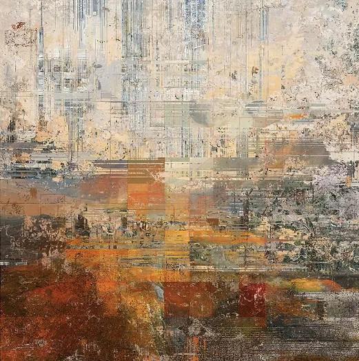 Abstract painting with a mix of beige, blue, orange, red, yellow, and brown brushstrokes and textures.
