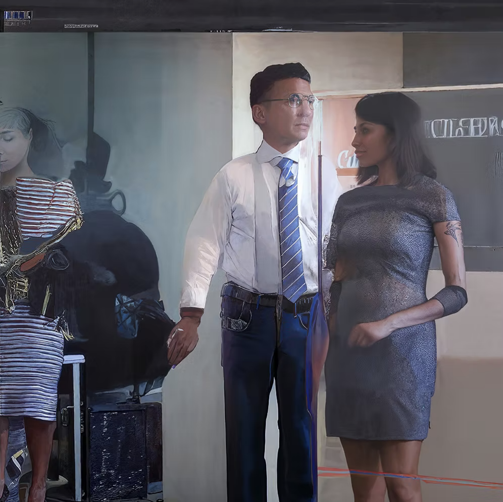 Wax figures of a man in a business suit and glasses and a woman in a short metallic dress standing in a museum display.
