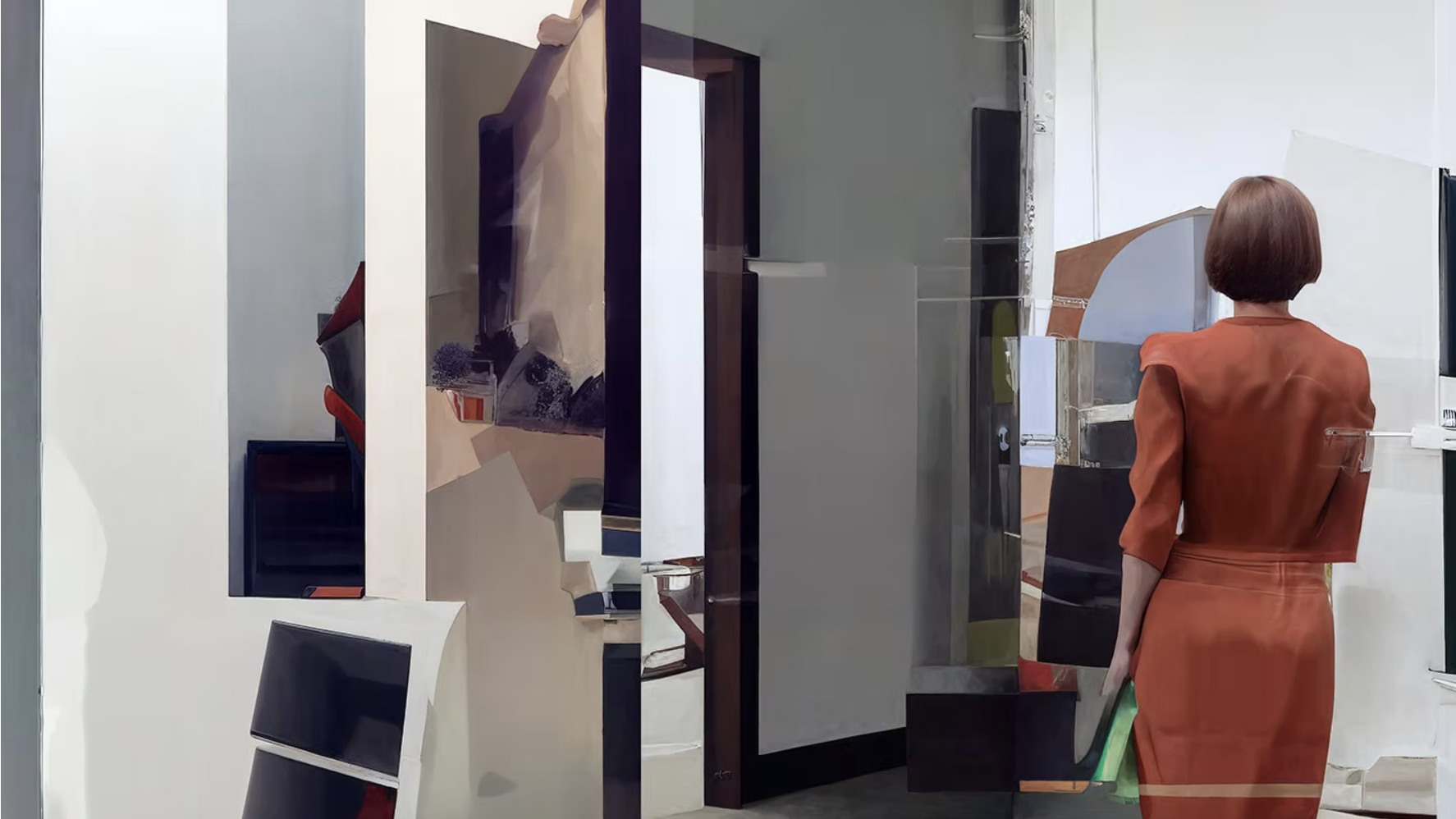 A woman with a short bob haircut wearing a rust-colored dress stands inside an art gallery, facing away from the camera, observing abstract paintings and sculptures.