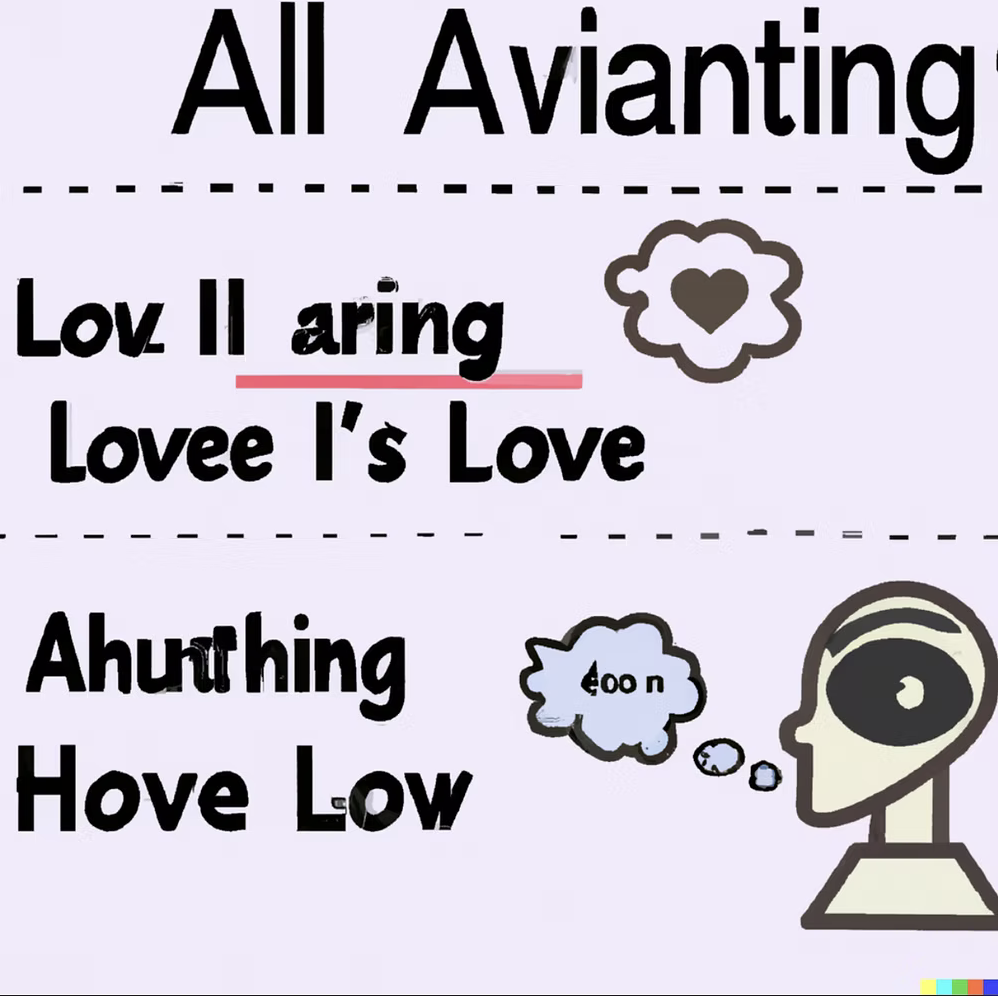 A humorous sign with misspelled words and cute cartoon illustrations. The sign reads: "All Aviantiing" with a heart inside a thought bubble, "Lov ii aring," and "Lovee l's Love." It also says "Aheartng" with a cloud and the word "eoon" inside, and "H