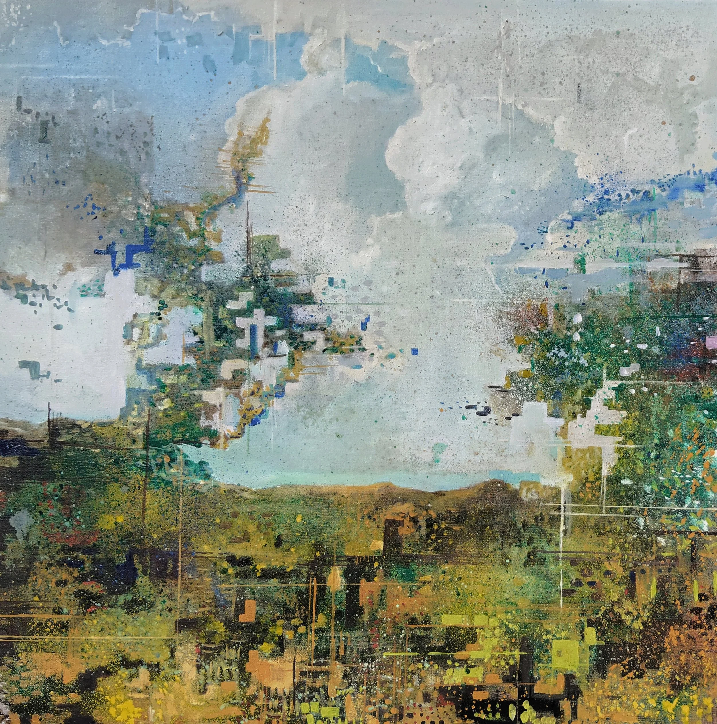 Abstract landscape painting with green hills, trees, and a cloudy sky, created with a watercolor and digital art style.