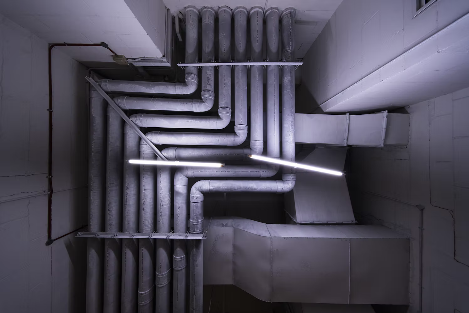 Industrial pipes and ductwork mounted on a ceiling in a building's mechanical room.