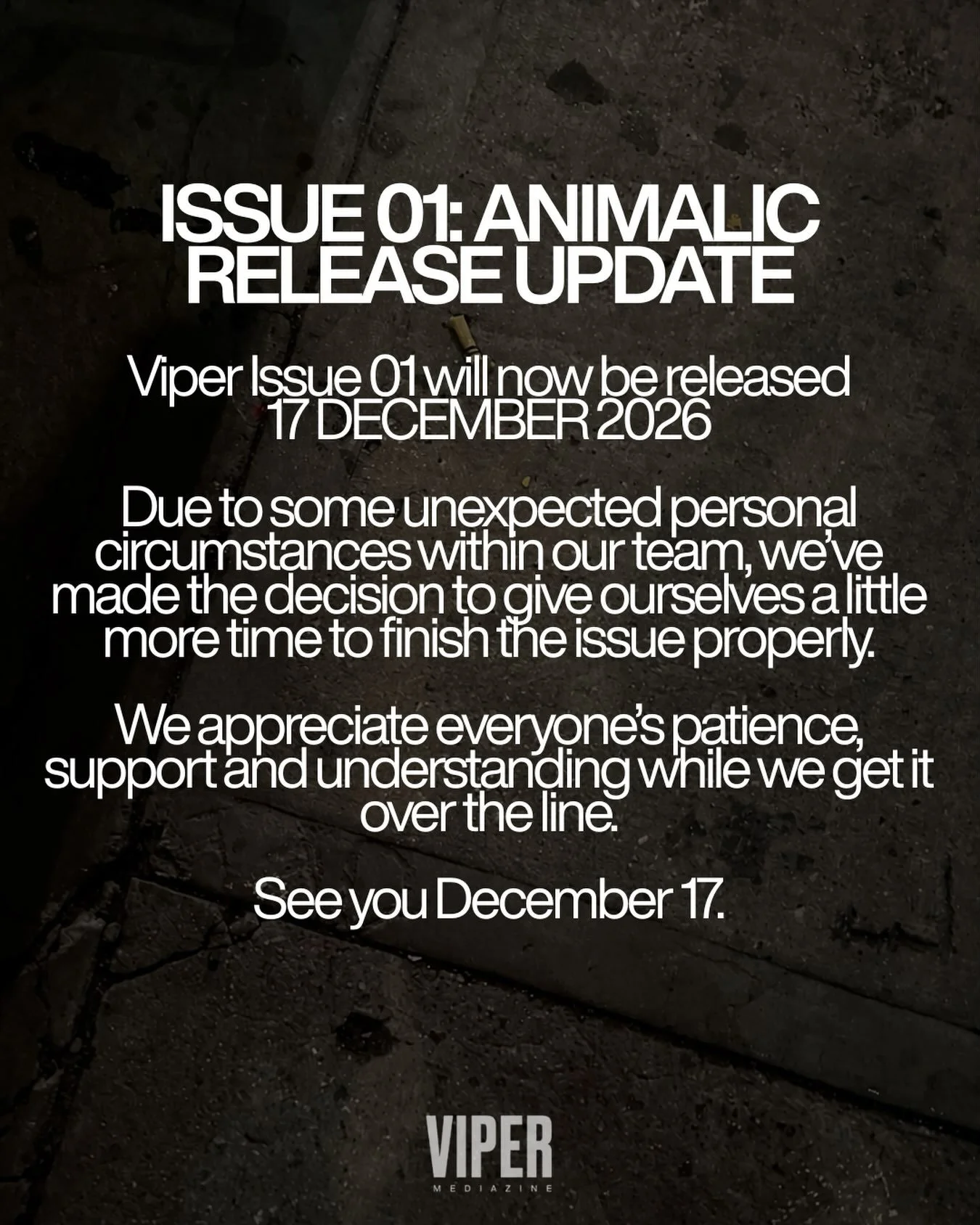 Viper Issue 01 will now be released
17 DECEMBER 2026

Due to some unexpected personal circumstances within our team, we&rsquo;ve made the decision to give ourselves a little more time to finish the issue properly.

We appreciate everyone&rsquo;s pati