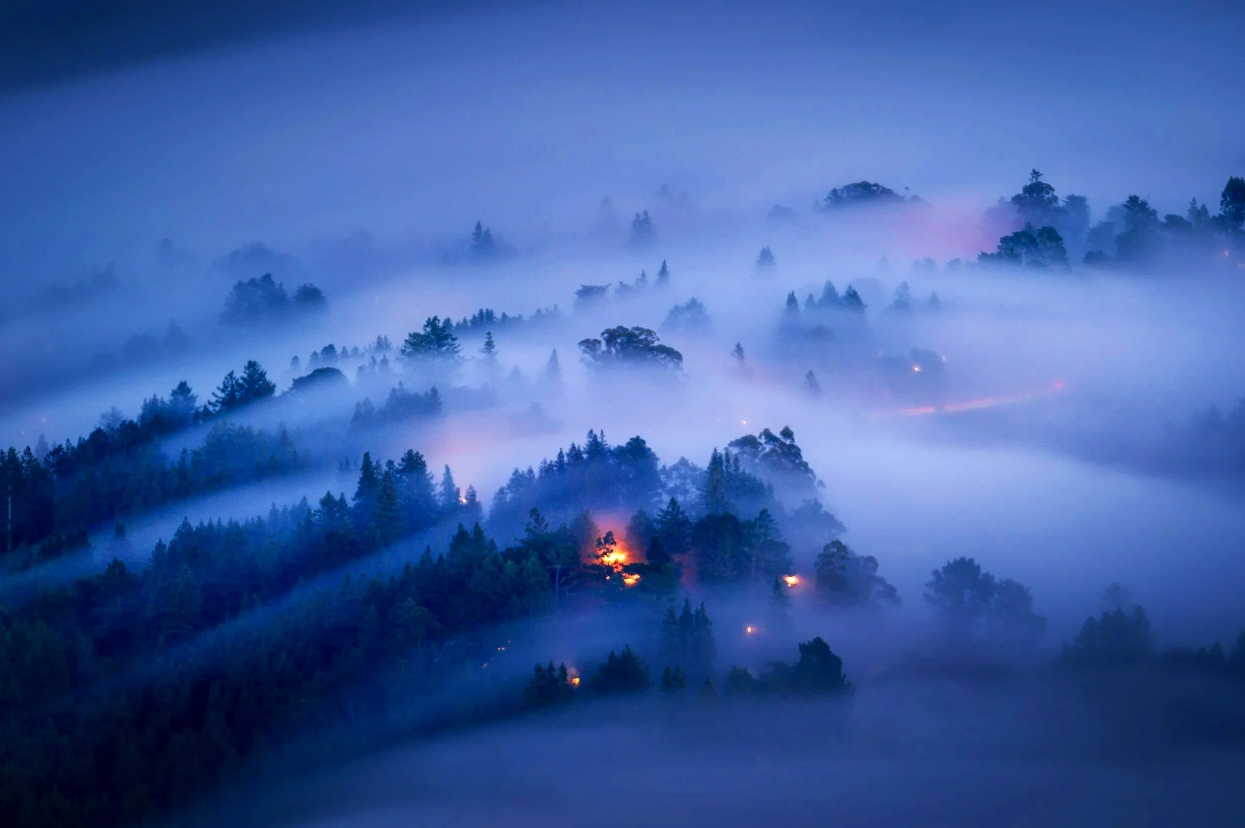 A forested mountain landscape shrouded in dense fog at dusk, with small scattered lights visible through the mist.