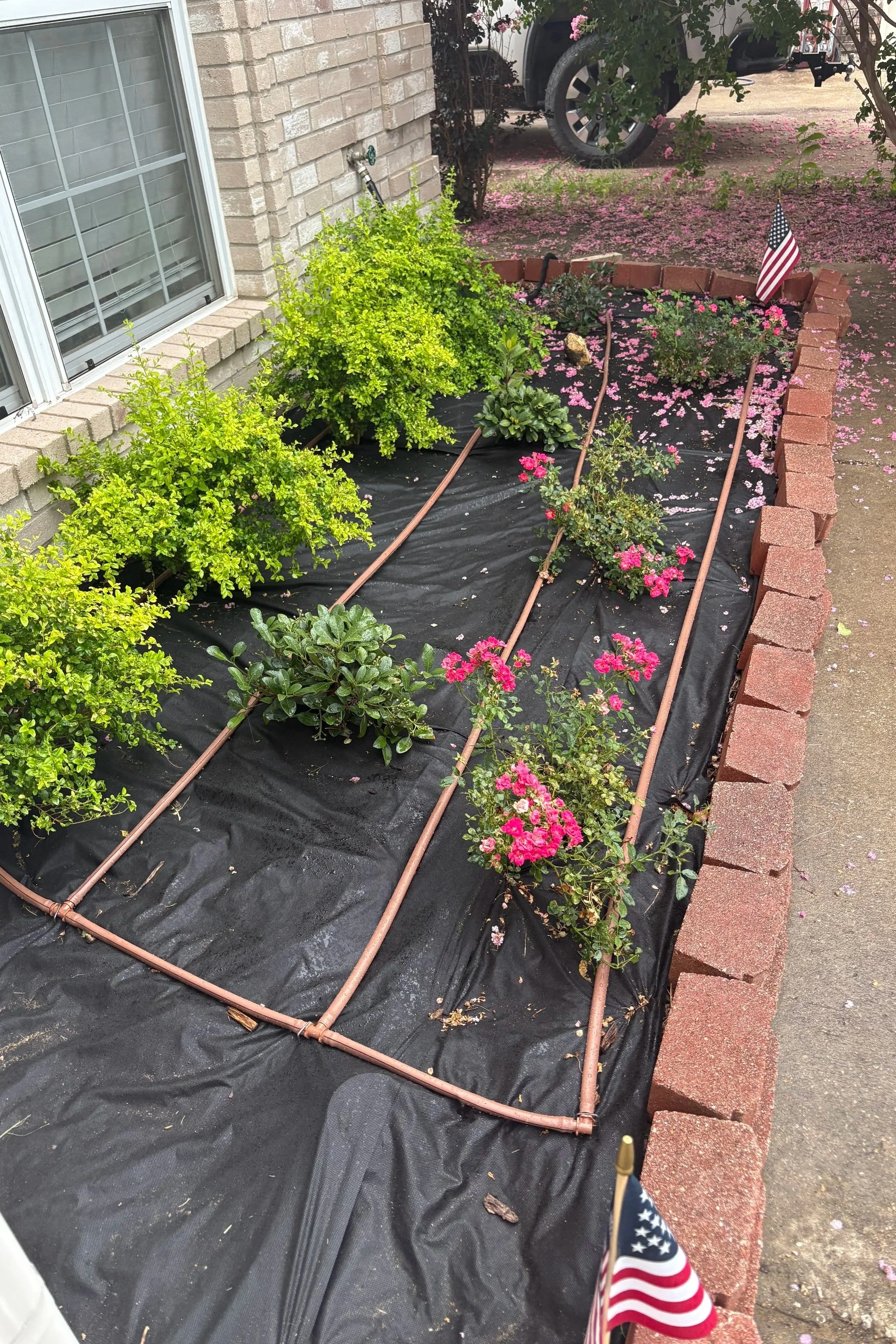 A small garden bed is bordered with bricks and covered with black landscape fabric. Several flowering plants, including pink and green ones, are growing in the bed. An American flag decoration is placed among the flowers. In the background, there is a brick house wall, a window with blinds, and a parked vehicle with a trailer hitch.