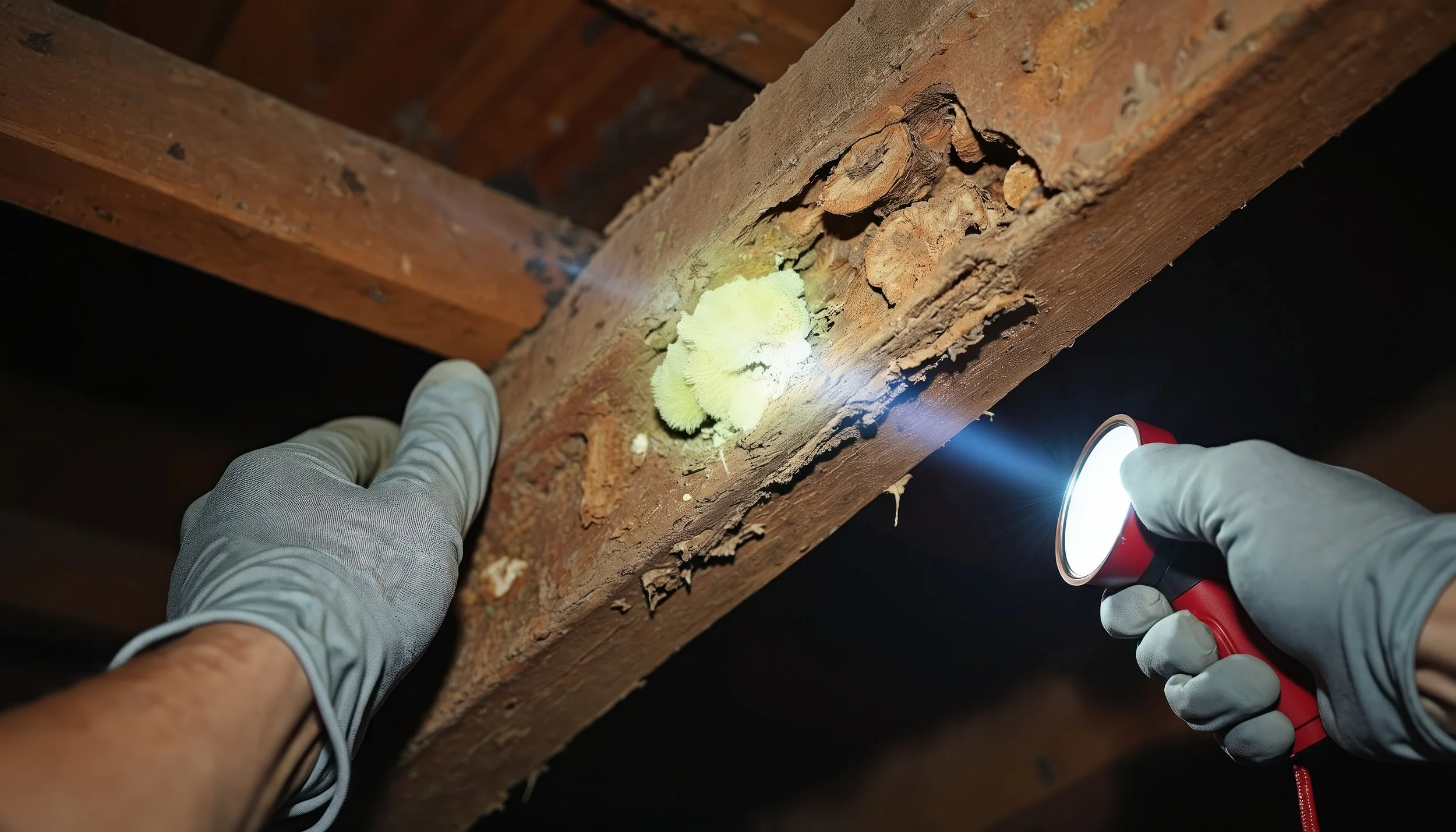 Person inspecting a decayed wooden beam with mold using a flashlight while wearing gloves.