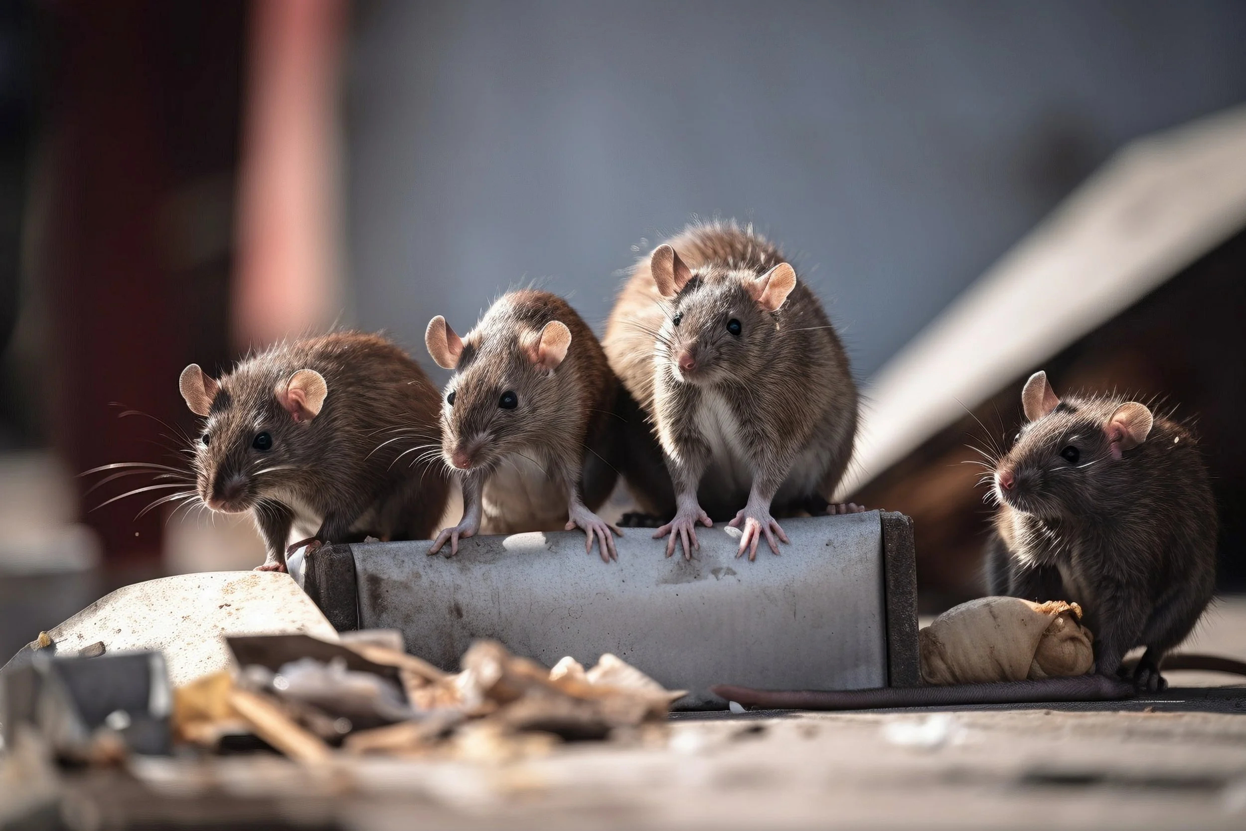 Five rats standing on a metal surface among trash and debris.